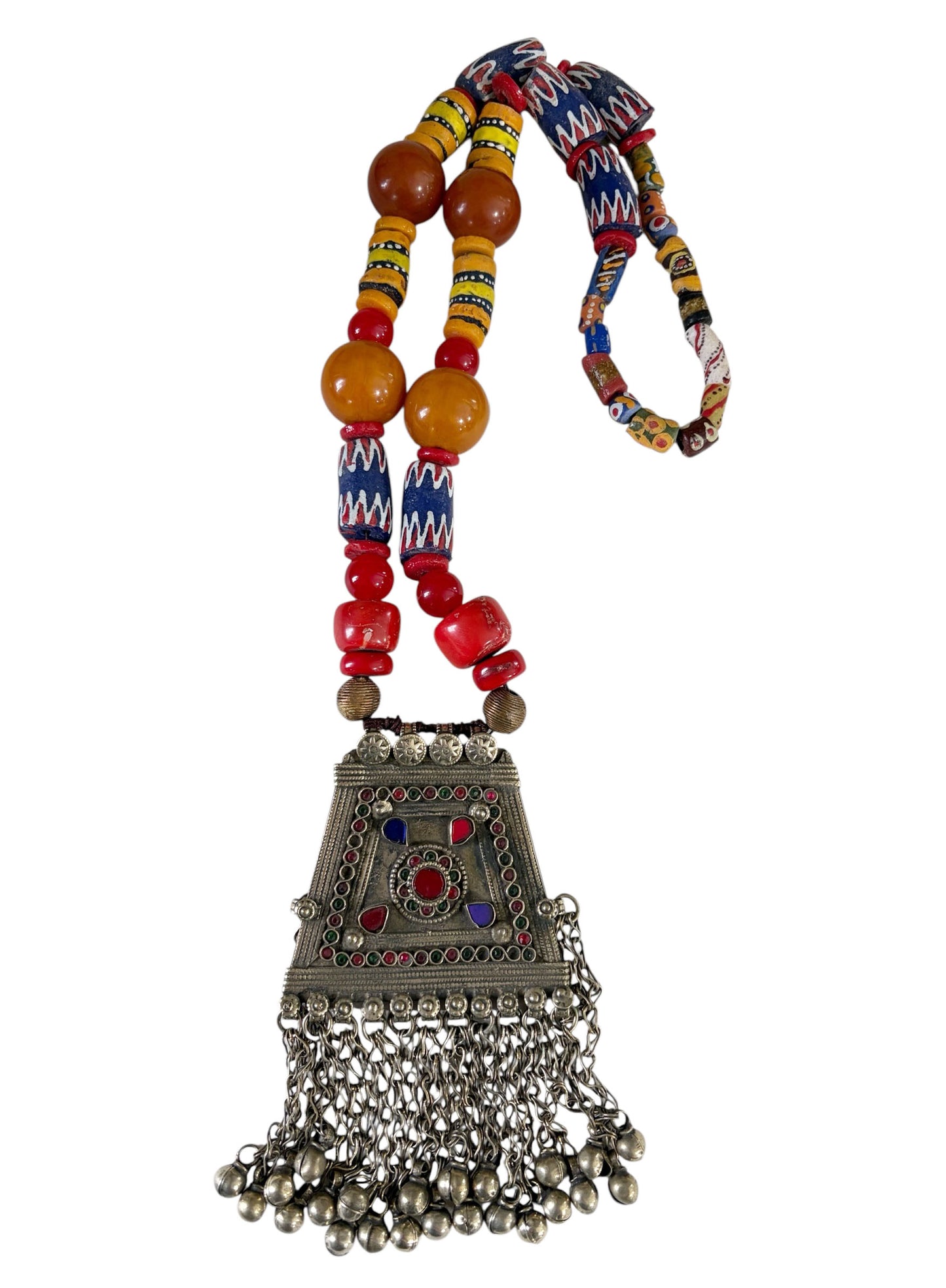 #677 Vintage  Tribal Afghan Necklace W/Coral wall Hanging 22" H