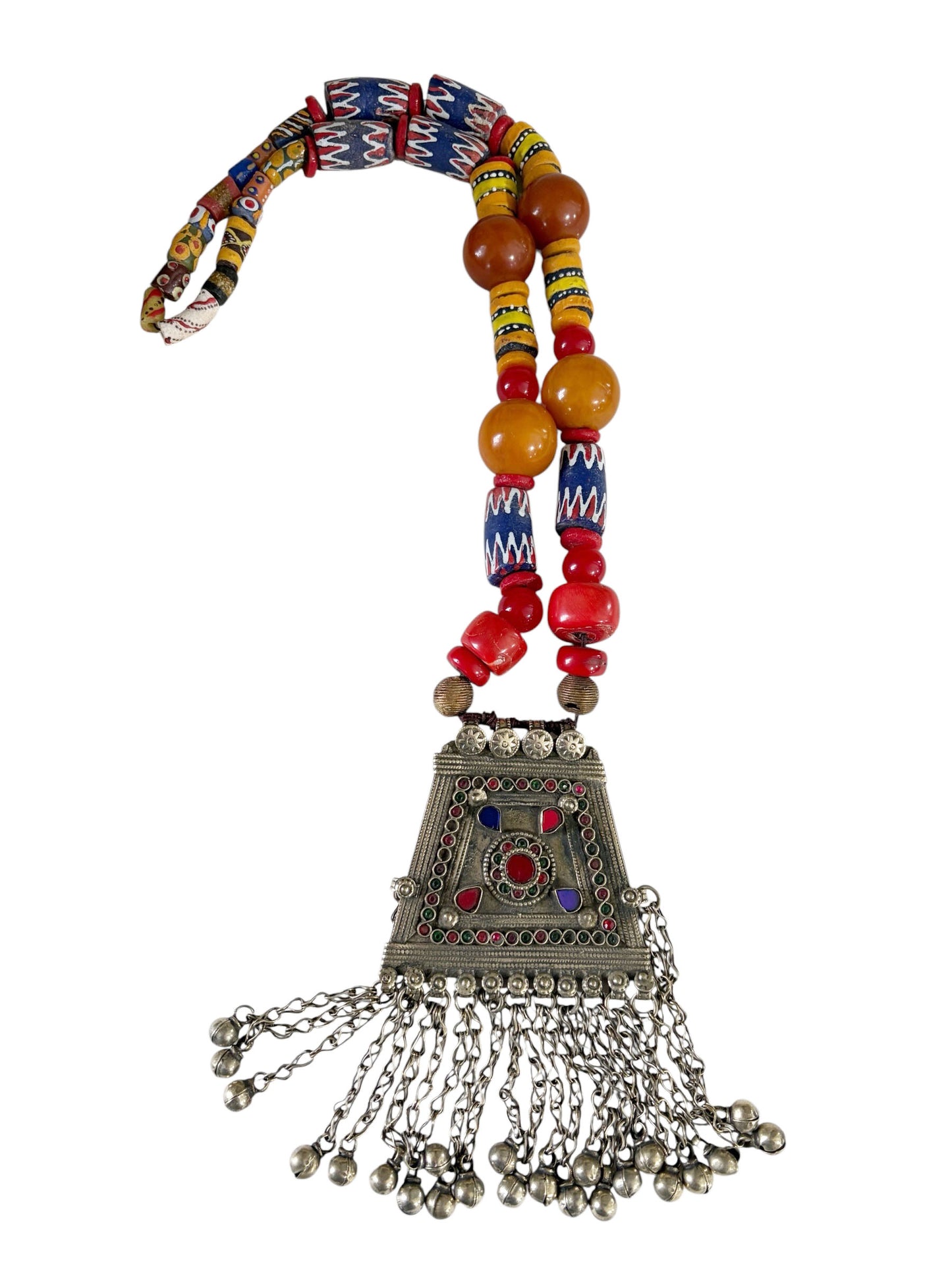 #677 Vintage  Tribal Afghan Necklace W/Coral wall Hanging 22" H