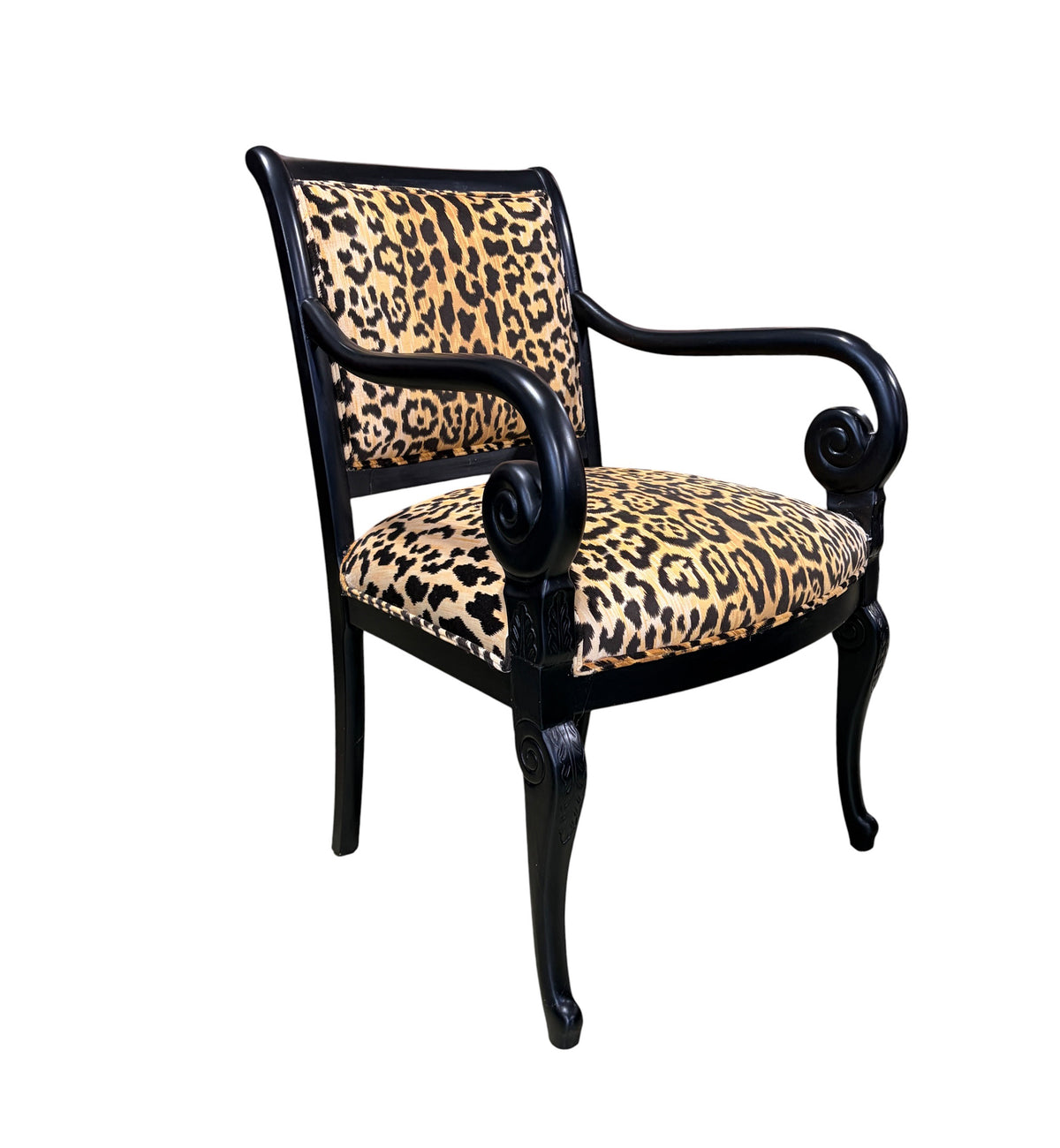 #222 Vintage French Style Black Lacquer Wood Chair W/Animal Print