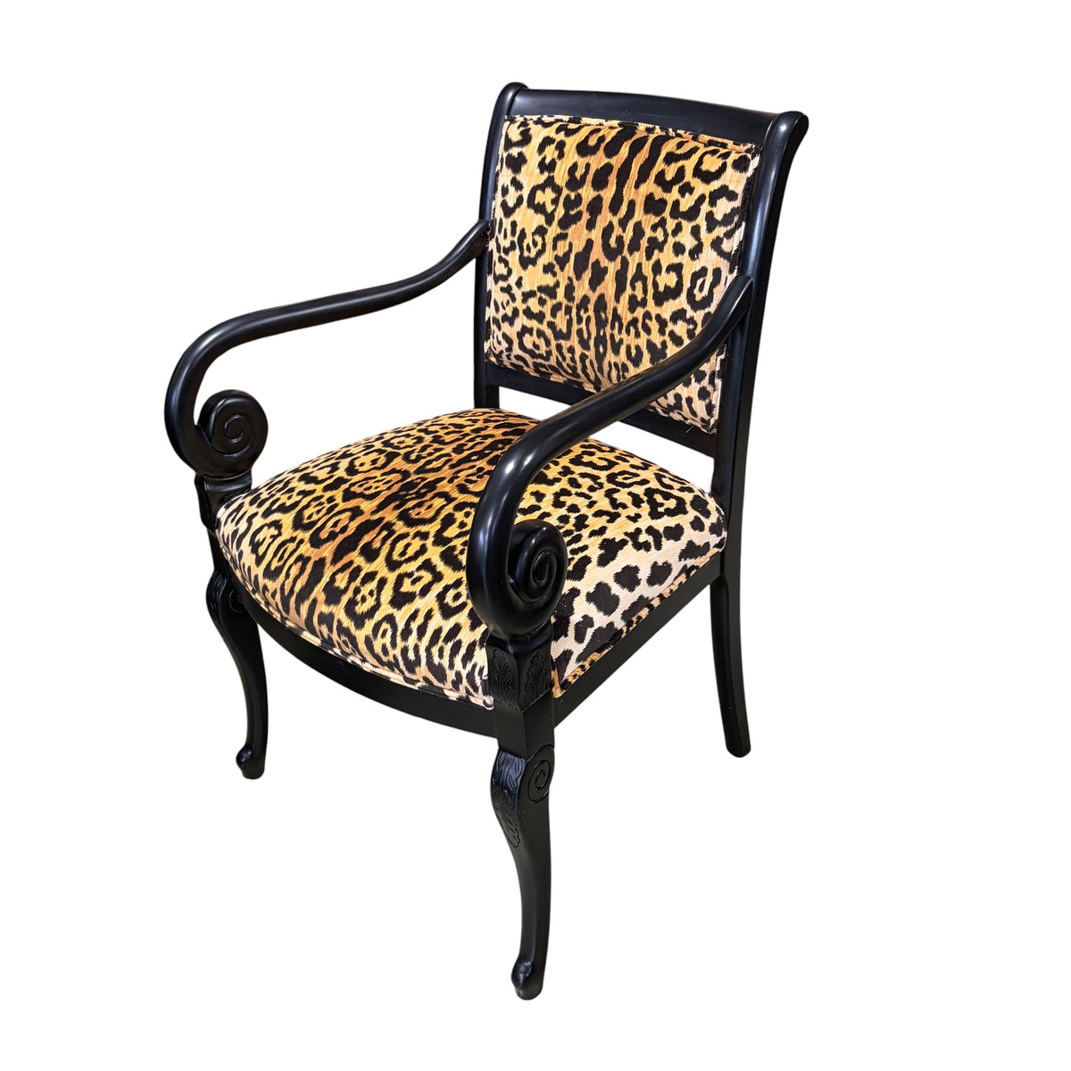 #222 Vintage French Style Black Lacquer Wood Chair W/Animal Print