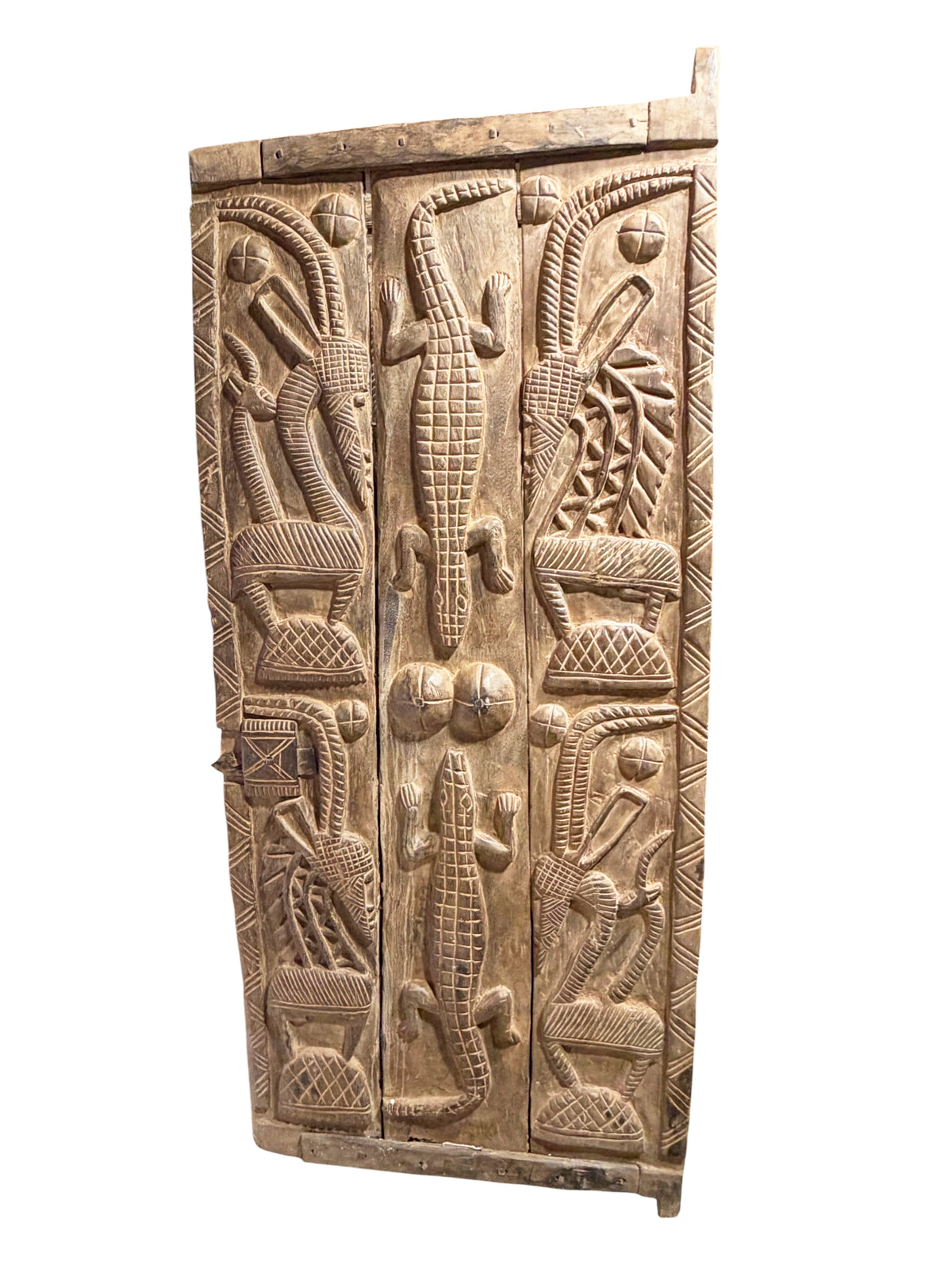 #1315  Vintage  Dogon Granary Door With Chiwaras  /Crocodiles  Mali African 75" H