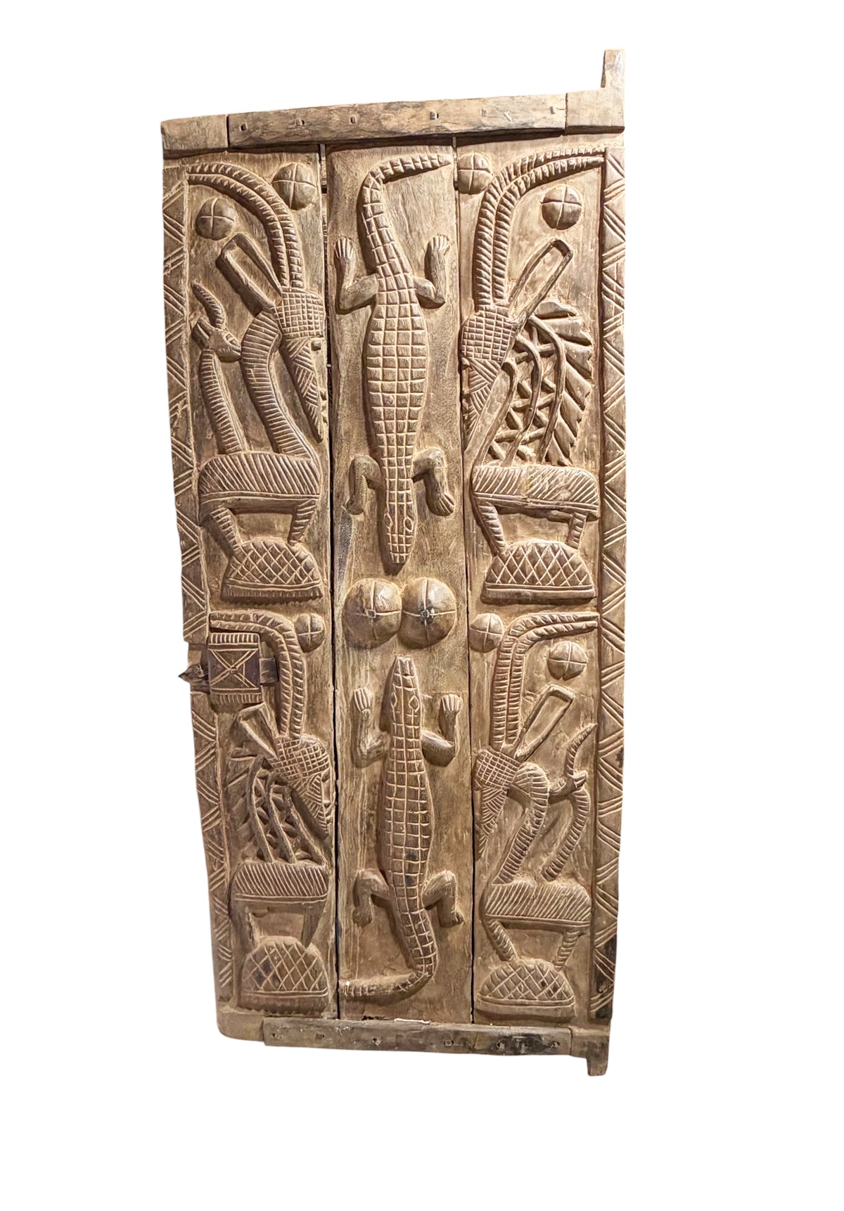 #1315  Vintage  Dogon Granary Door With Chiwaras  /Crocodiles  Mali African 75" H
