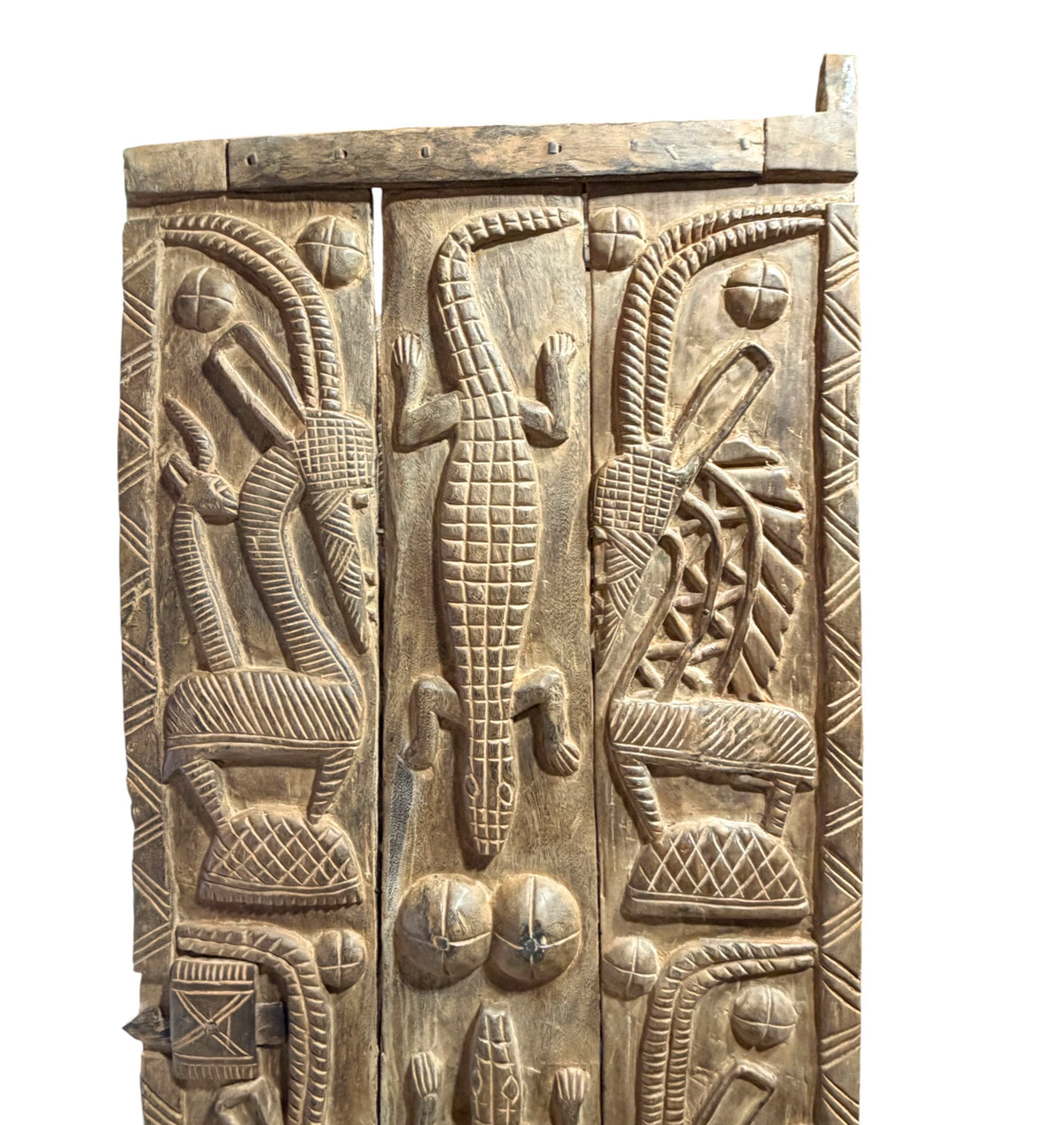 #1315  Vintage  Dogon Granary Door With Chiwaras  /Crocodiles  Mali African 75" H