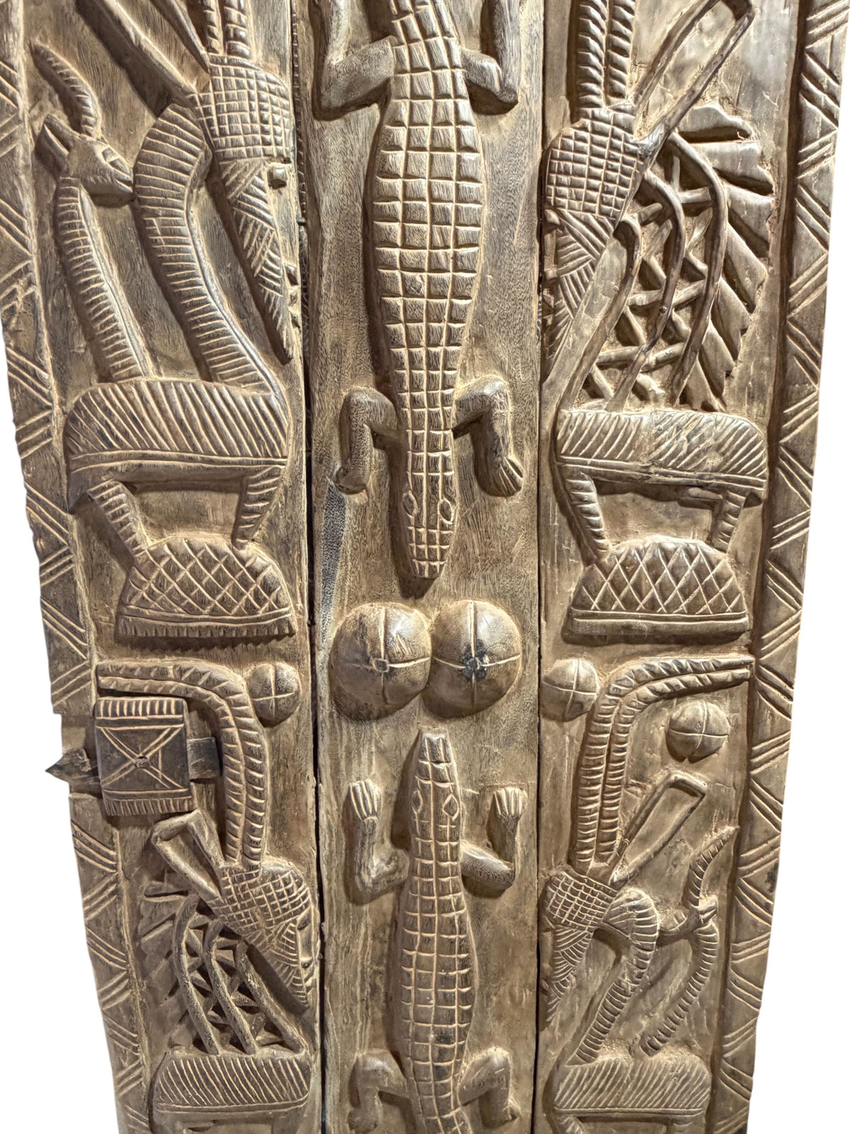 #1315  Vintage  Dogon Granary Door With Chiwaras  /Crocodiles  Mali African 75" H