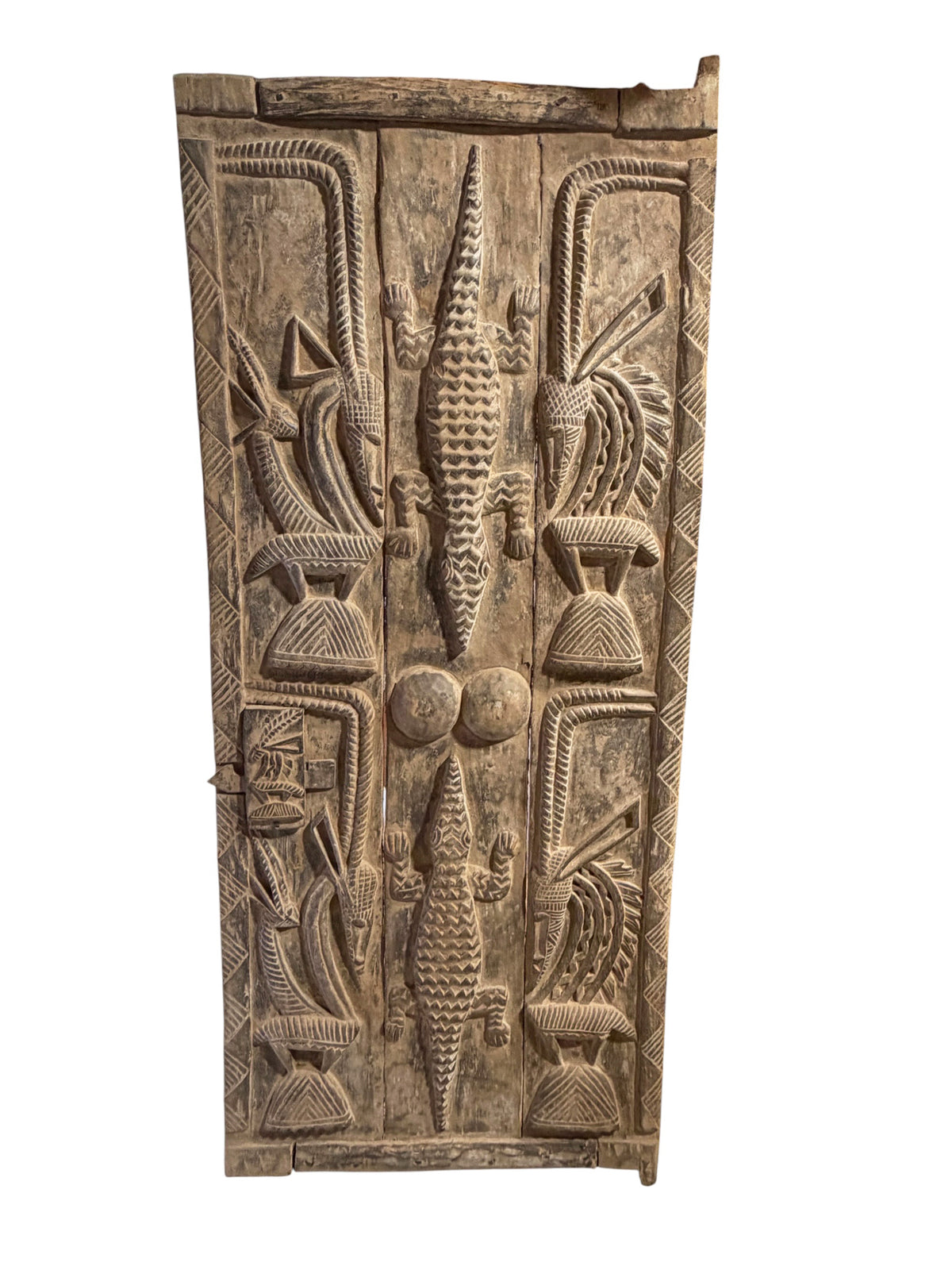 #1316  Vintage  Dogon Granary Door With Chiwaras  /Crocodiles  Mali African 74" H