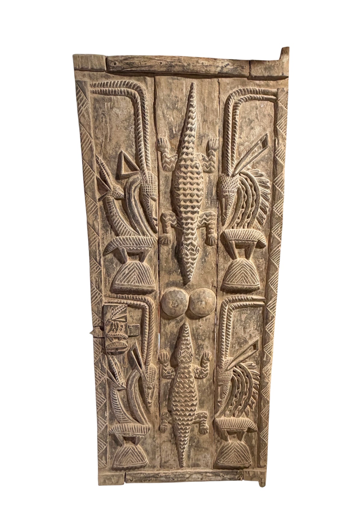#1316  Vintage  Dogon Granary Door With Chiwaras  /Crocodiles  Mali African 74" H