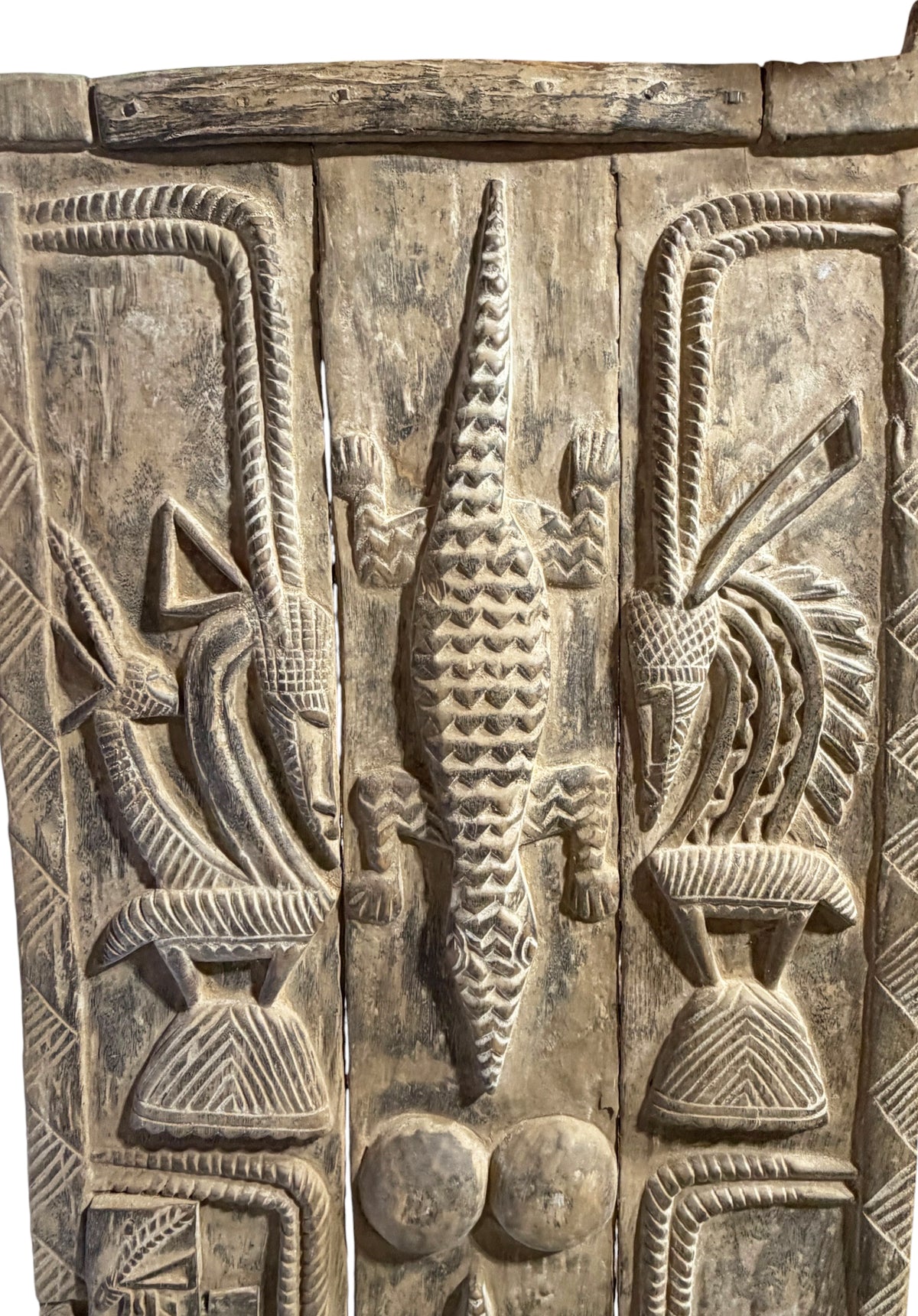 #1316  Vintage  Dogon Granary Door With Chiwaras  /Crocodiles  Mali African 74" H