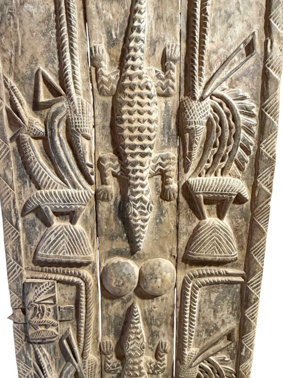 #1316  Vintage  Dogon Granary Door With Chiwaras  /Crocodiles  Mali African 74" H