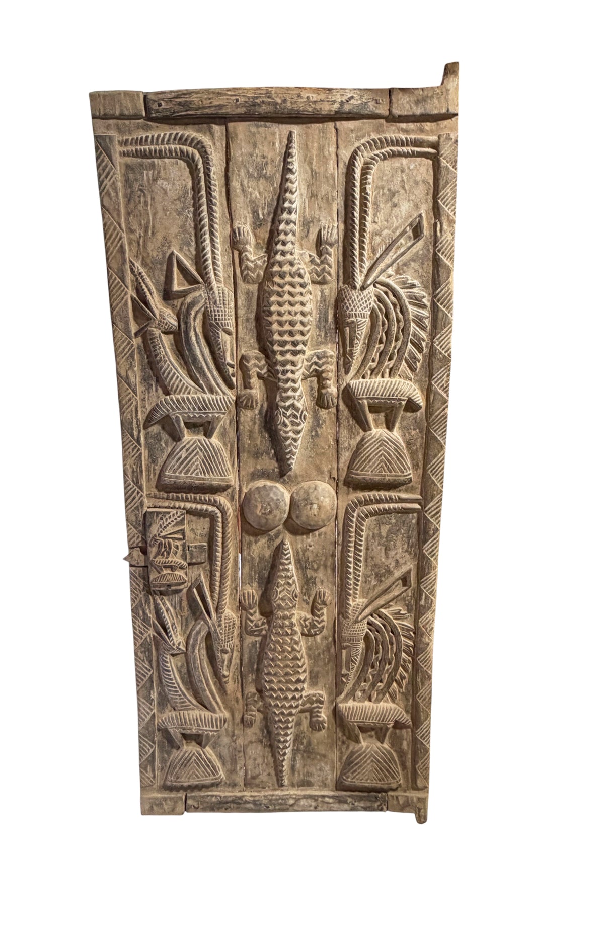 #1316  Vintage  Dogon Granary Door With Chiwaras  /Crocodiles  Mali African 74" H