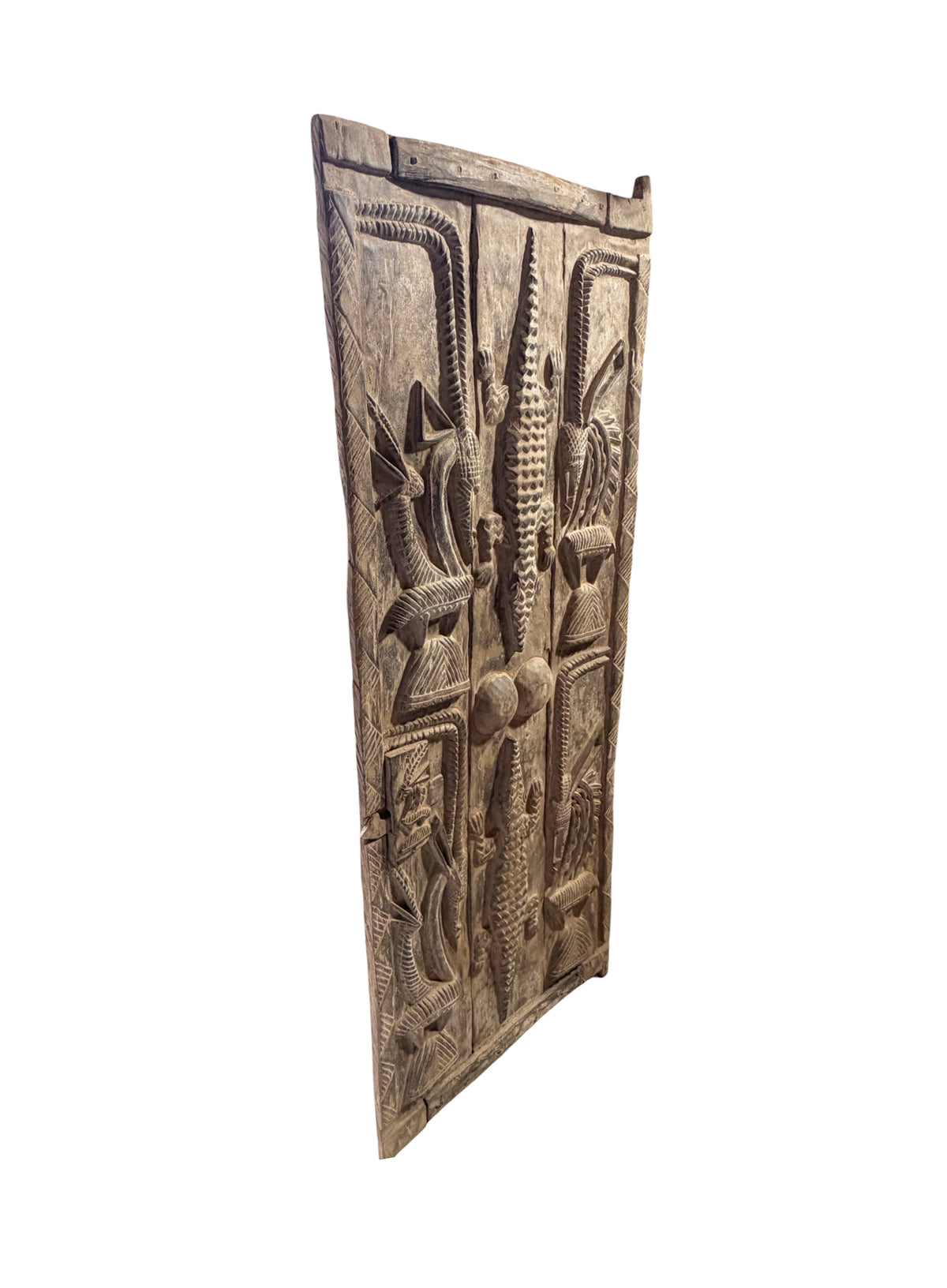 #1316  Vintage  Dogon Granary Door With Chiwaras  /Crocodiles  Mali African 74" H