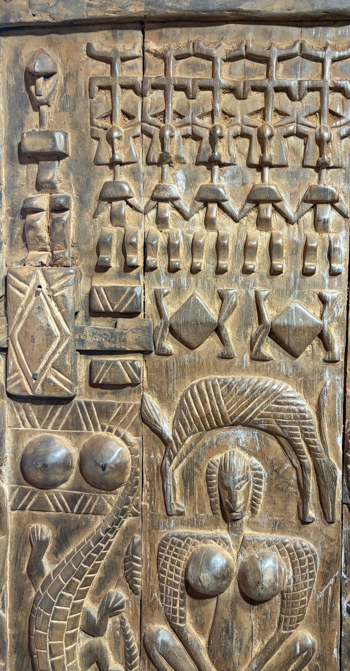 #1318  Vintage  Dogon Granary Door With Crocodiles /figures Mali African 70" H