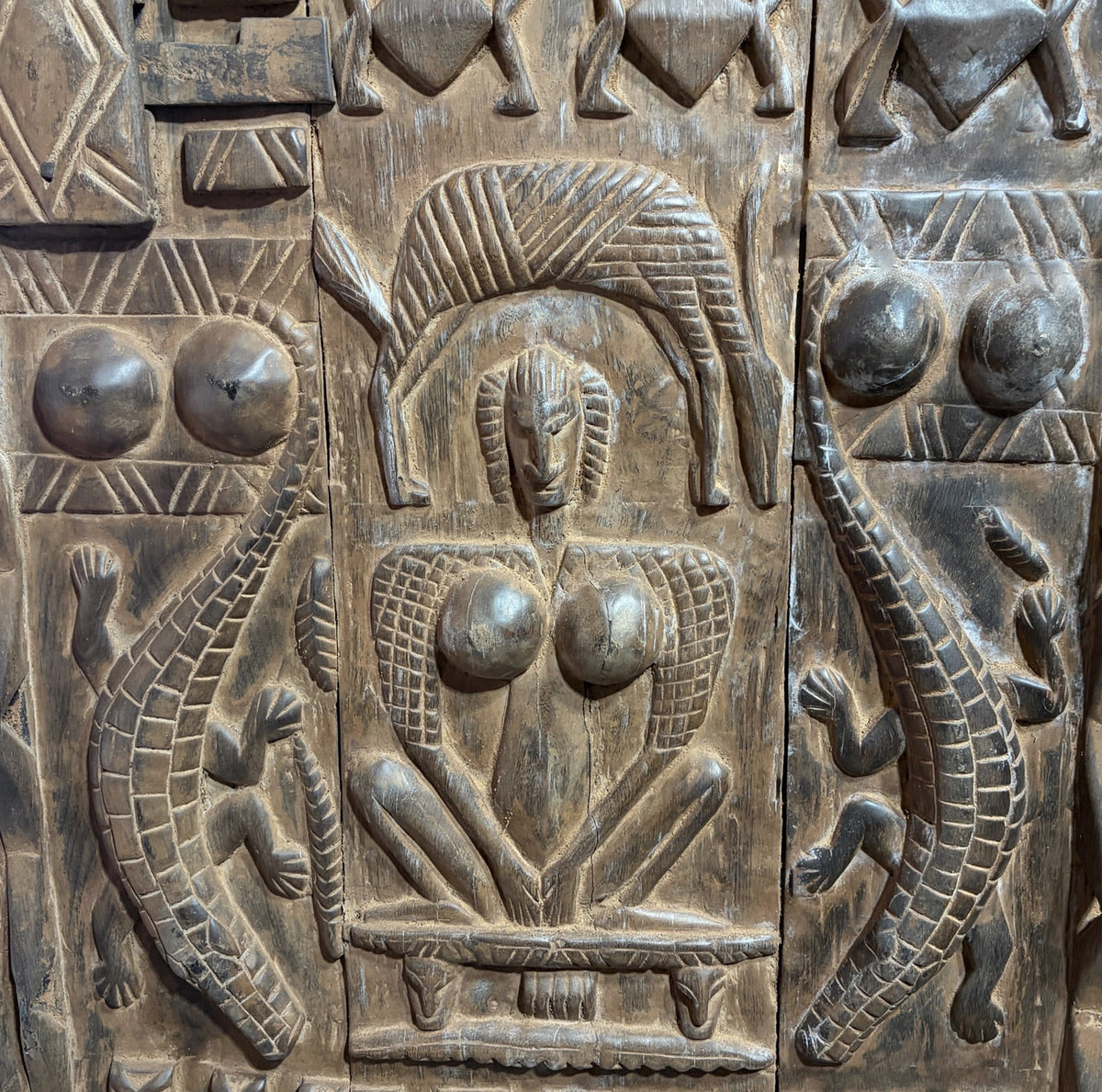 #1318  Vintage  Dogon Granary Door With Crocodiles /figures Mali African 70" H