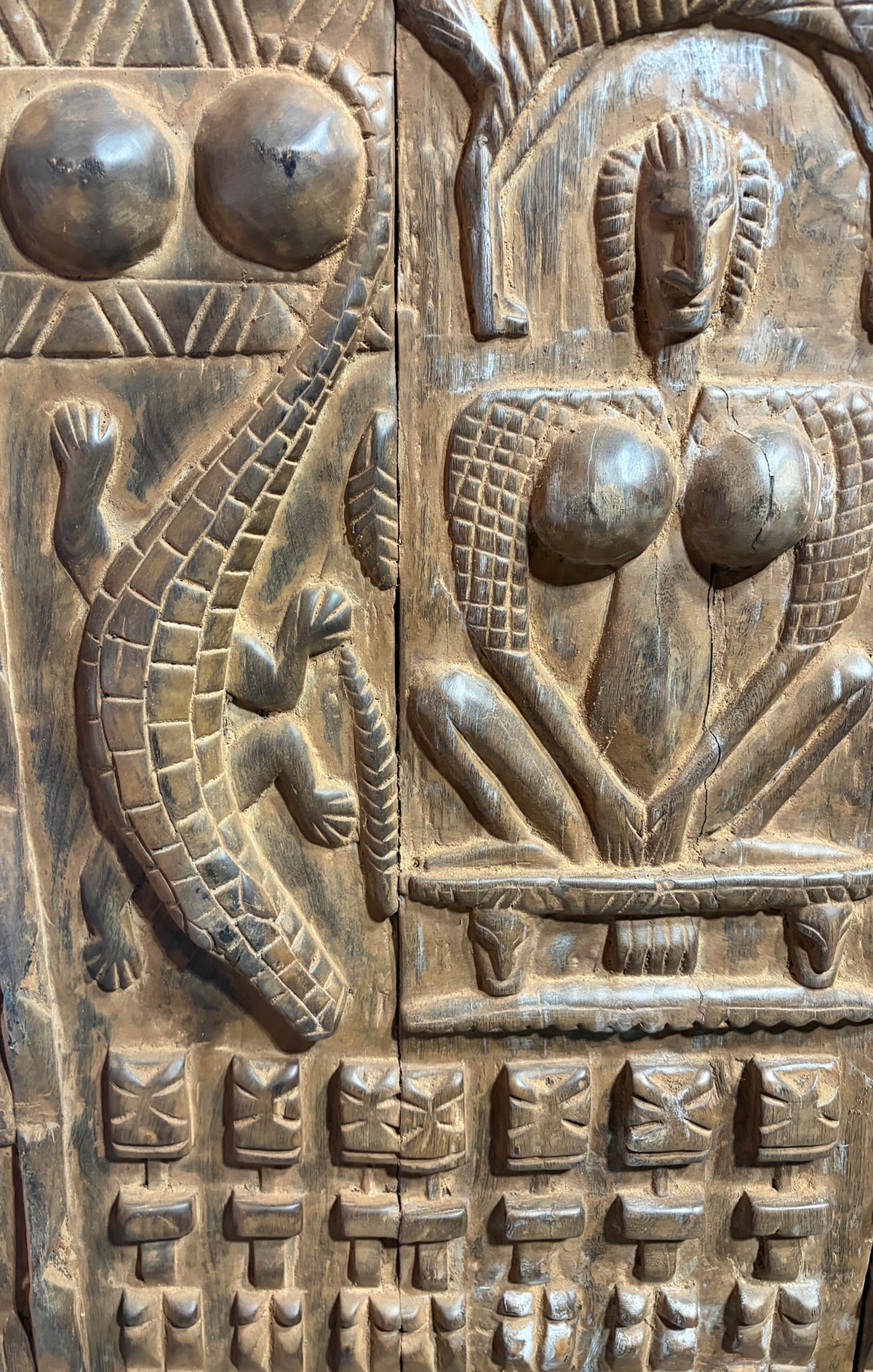 #1318  Vintage  Dogon Granary Door With Crocodiles /figures Mali African 70" H