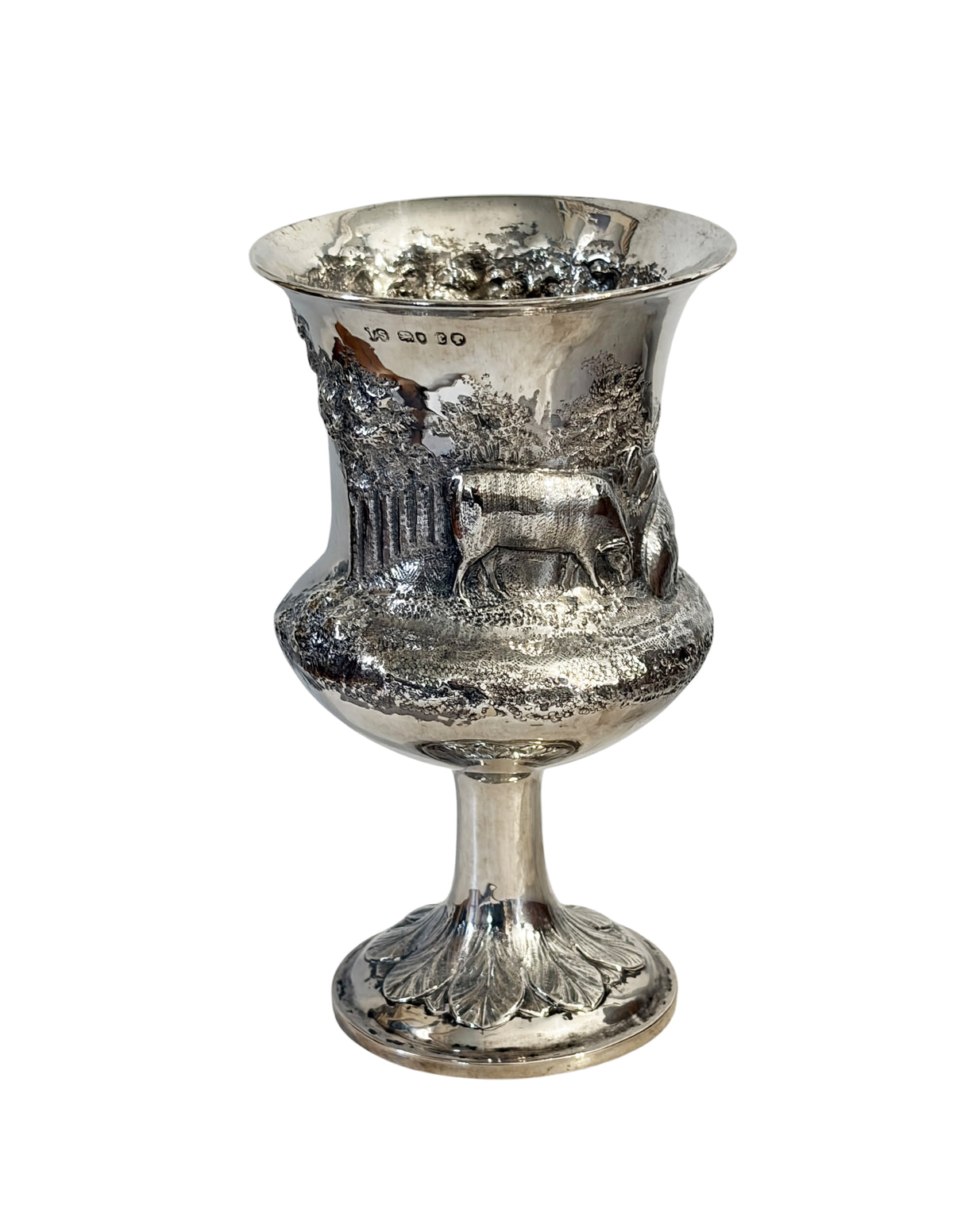 #726 Antique English Sterling Silver Goblet w/Repoussé pastoral/ rural Animal Scenes.7" H