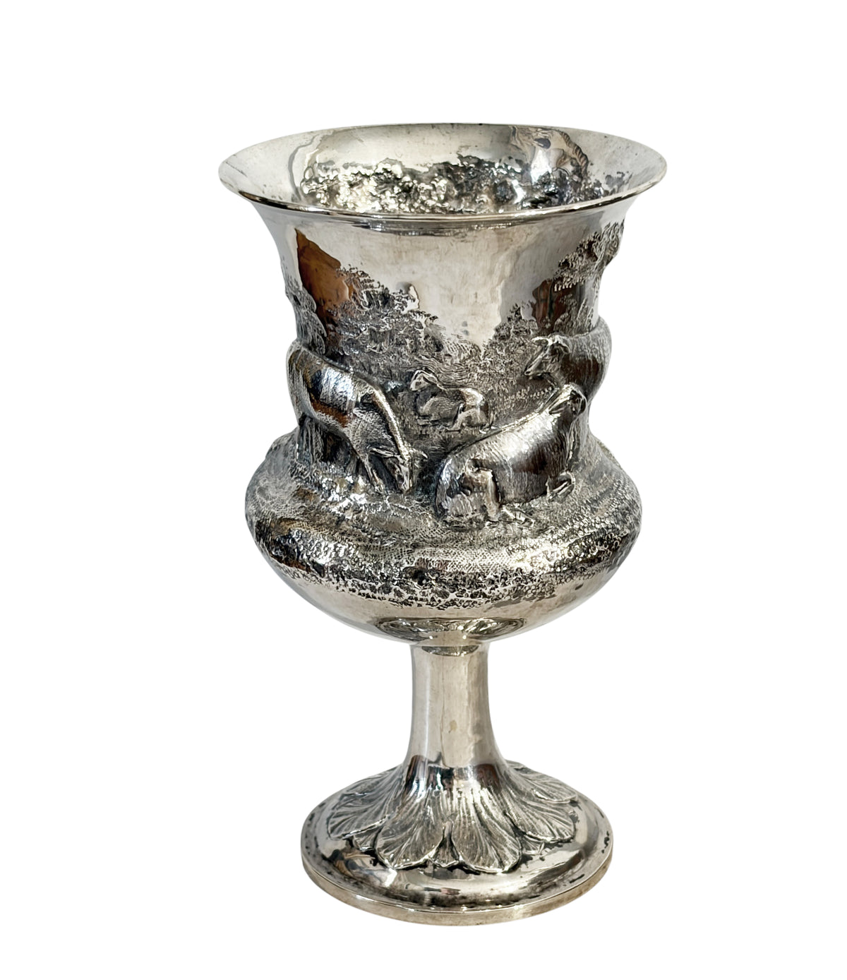 #726 Antique English Sterling Silver Goblet w/Repoussé pastoral/ rural Animal Scenes.7" H