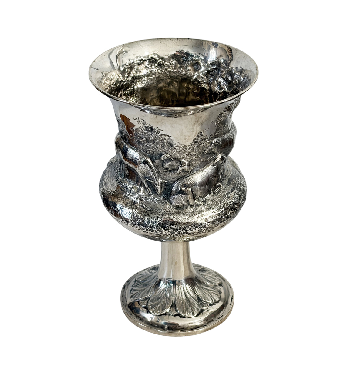 #726 Antique English Sterling Silver Goblet w/Repoussé pastoral/ rural Animal Scenes.7" H