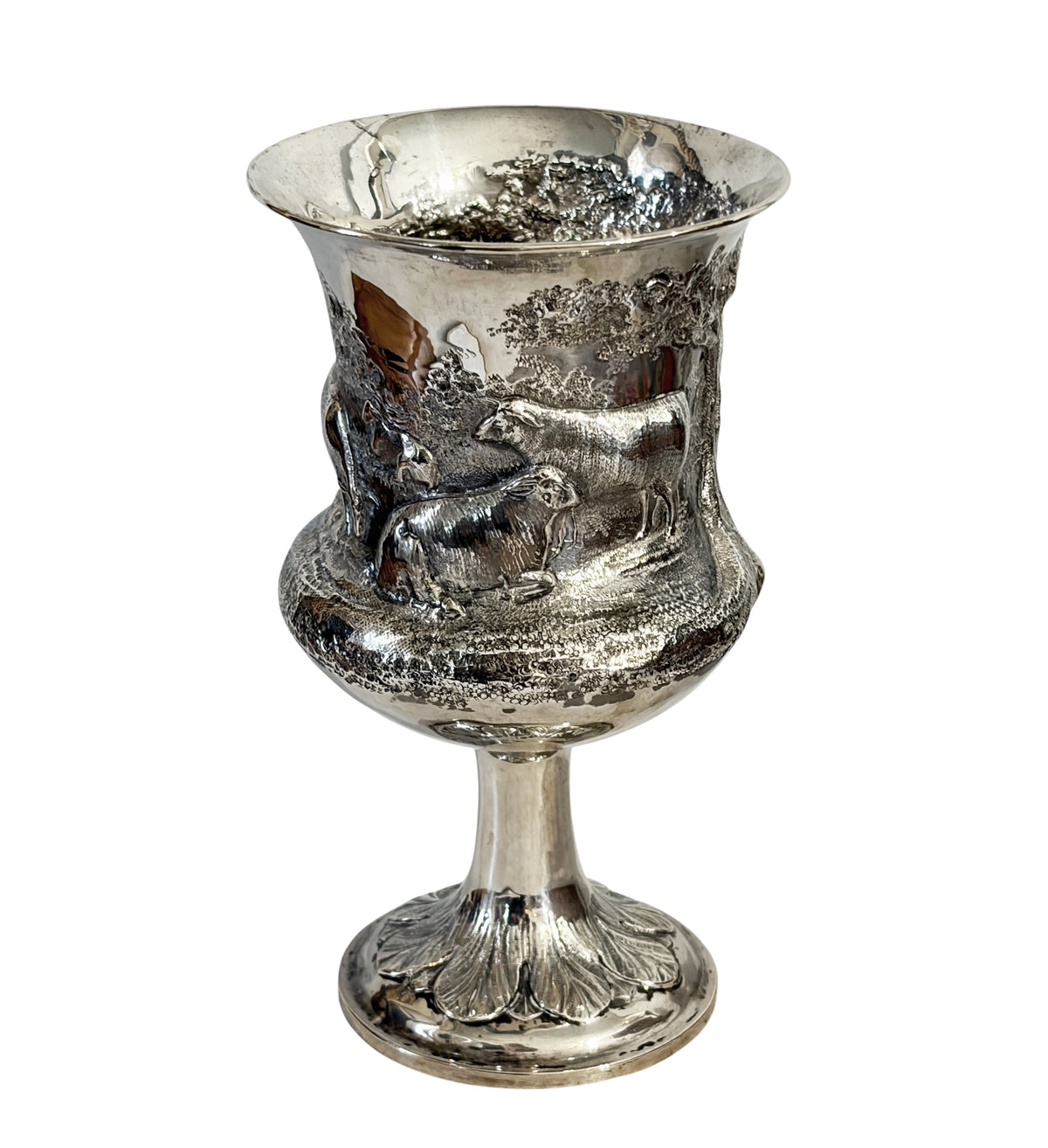 #726 Antique English Sterling Silver Goblet w/Repoussé pastoral/ rural Animal Scenes.7" H
