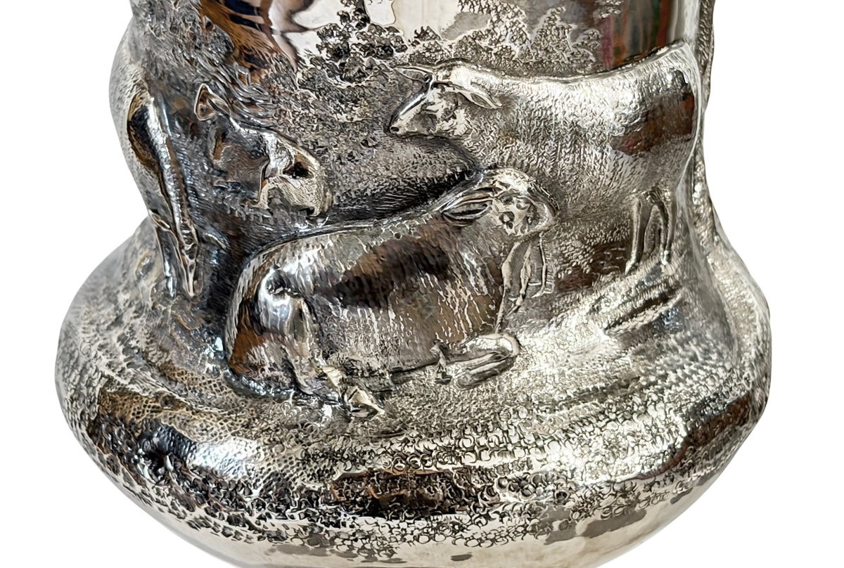 #726 Antique English Sterling Silver Goblet w/Repoussé pastoral/ rural Animal Scenes.7" H
