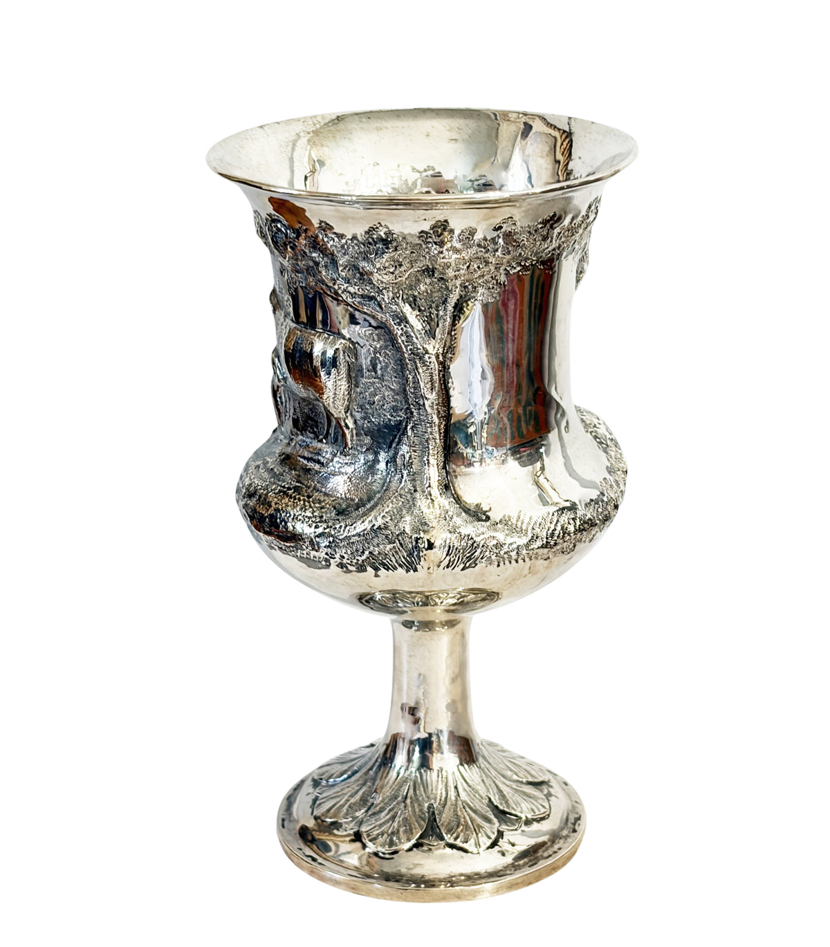 #726 Antique English Sterling Silver Goblet w/Repoussé pastoral/ rural Animal Scenes.7" H