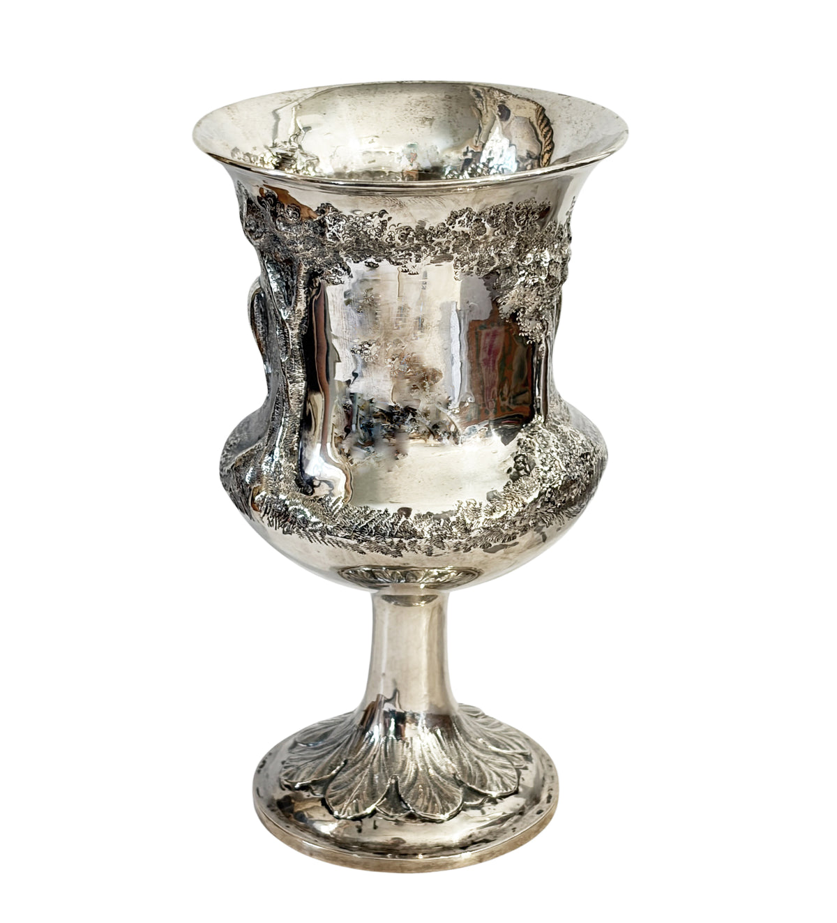 #726 Antique English Sterling Silver Goblet w/Repoussé pastoral/ rural Animal Scenes.7" H