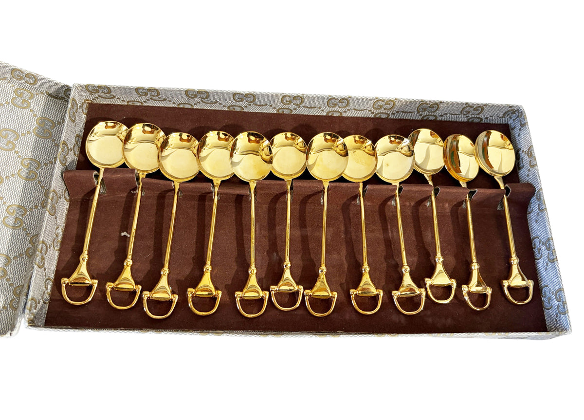 #732 Vintage  set of 12 Gucci gold-plated coffee or demitasse /coffee spoons  Horsebit style handles,