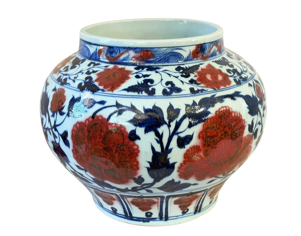 #3596 Vintage Ming Style Chinoiserie Blue and White Vase/Cachepot  11" H