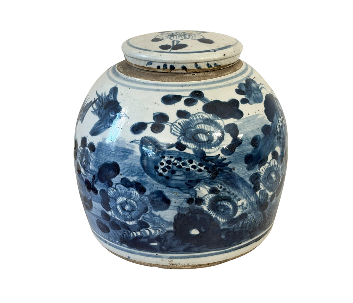 #3789 Vintage Chinoiserie Blue & White Porcelain Ginger Jar  W/ Swallow birds 9" H