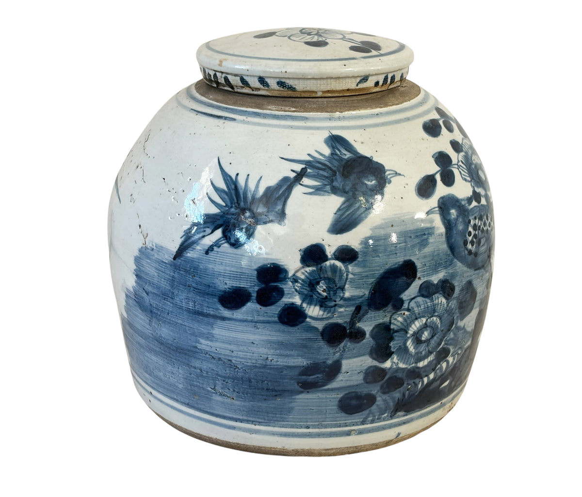 #3789 Vintage Chinoiserie Blue & White Porcelain Ginger Jar  W/ Swallow birds 9" H