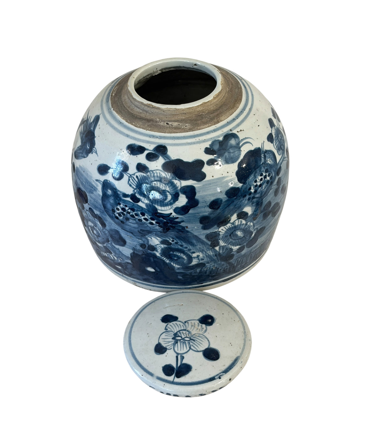 #3789 Vintage Chinoiserie Blue & White Porcelain Ginger Jar  W/ Swallow birds 9" H