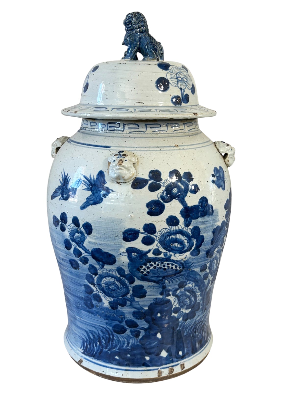 #3691 Large Chinoiserie B & W Porcelain Ginger Jar w/Birds 24" H
