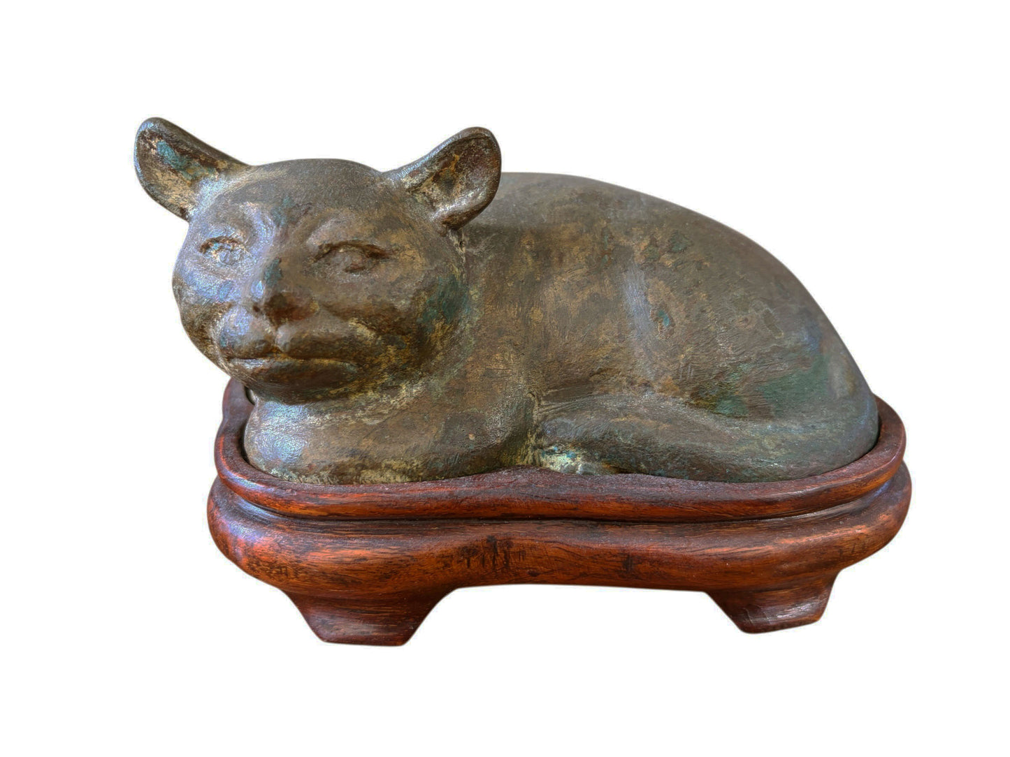 #91  Old Bronze Chinoiserie Han Style Recumbent Kitten  Sculpture On Wood Stand