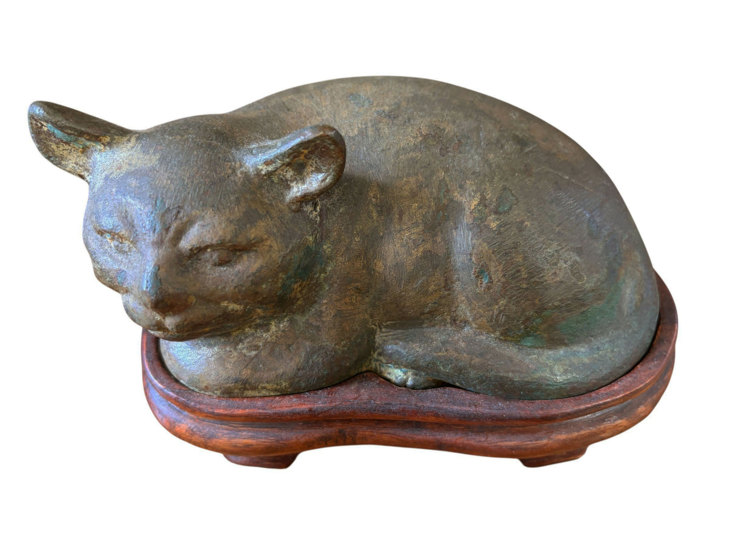 #91  Old Bronze Chinoiserie Han Style Recumbent Kitten  Sculpture On Wood Stand