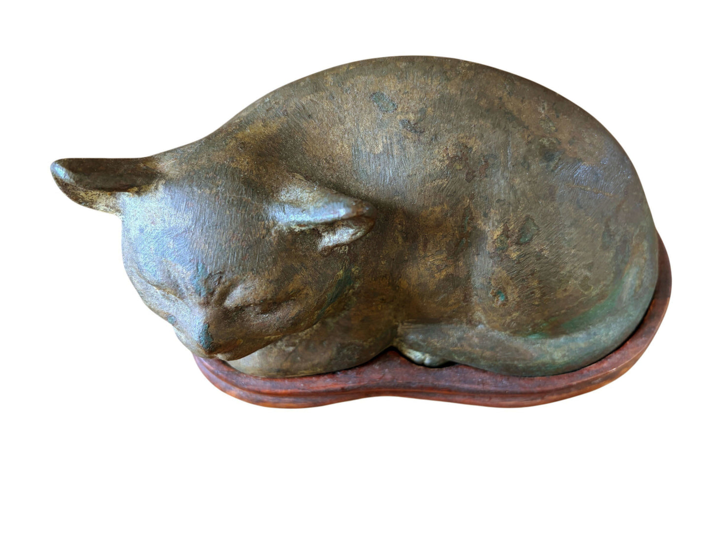 #91  Old Bronze Chinoiserie Han Style Recumbent Kitten  Sculpture On Wood Stand