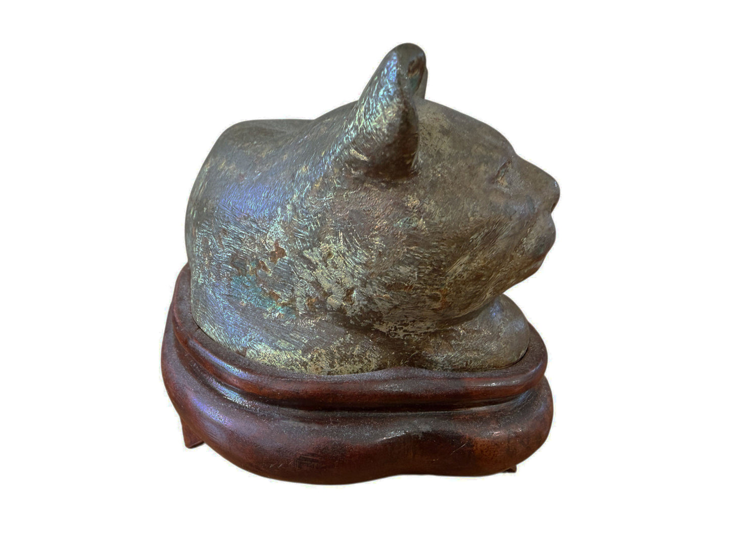 #91  Old Bronze Chinoiserie Han Style Recumbent Kitten  Sculpture On Wood Stand