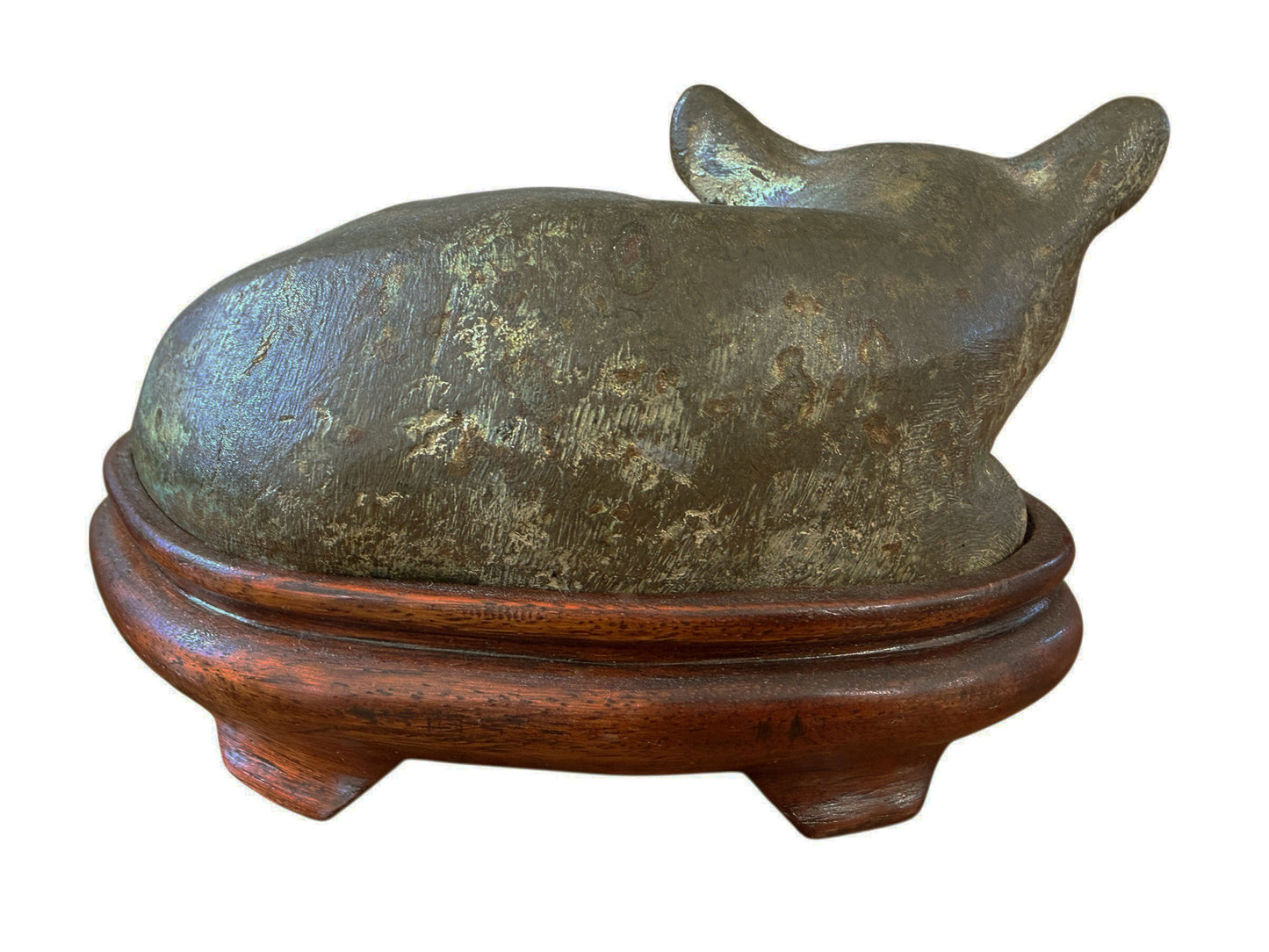 #91  Old Bronze Chinoiserie Han Style Recumbent Kitten  Sculpture On Wood Stand