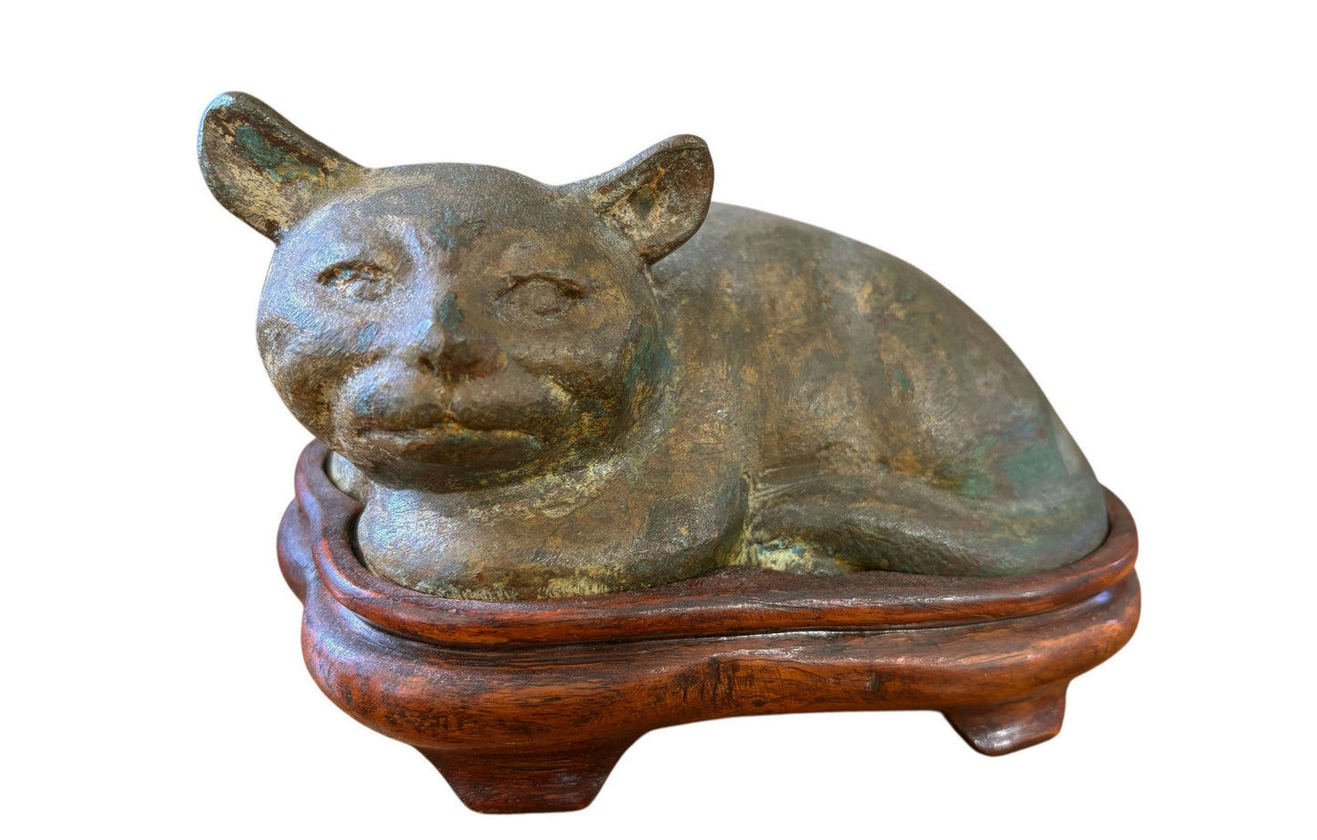 #91  Old Bronze Chinoiserie Han Style Recumbent Kitten  Sculpture On Wood Stand