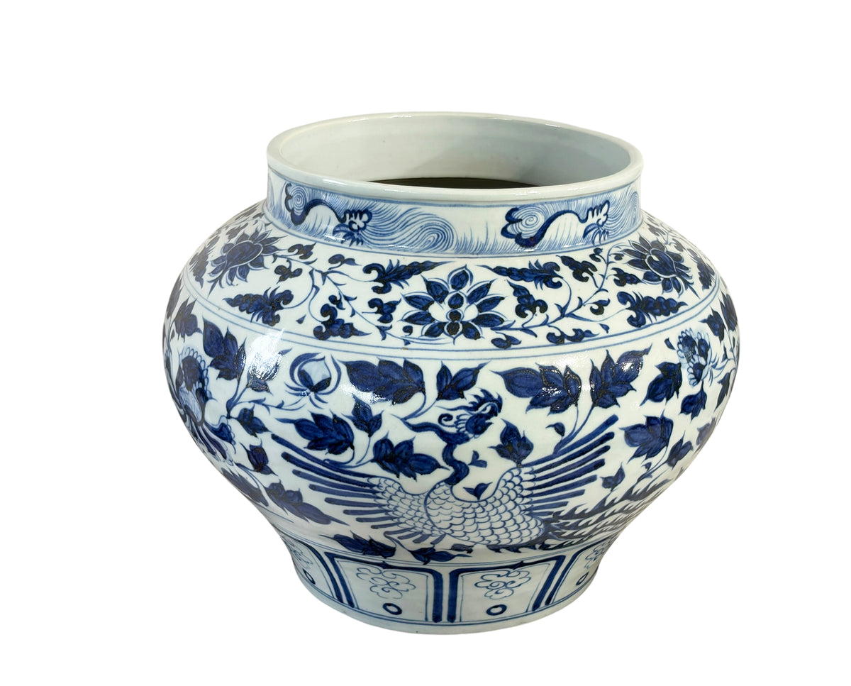 #3713 Vintage Ming Style Chinoiserie Blue and White Vase/Cachepot 11" H