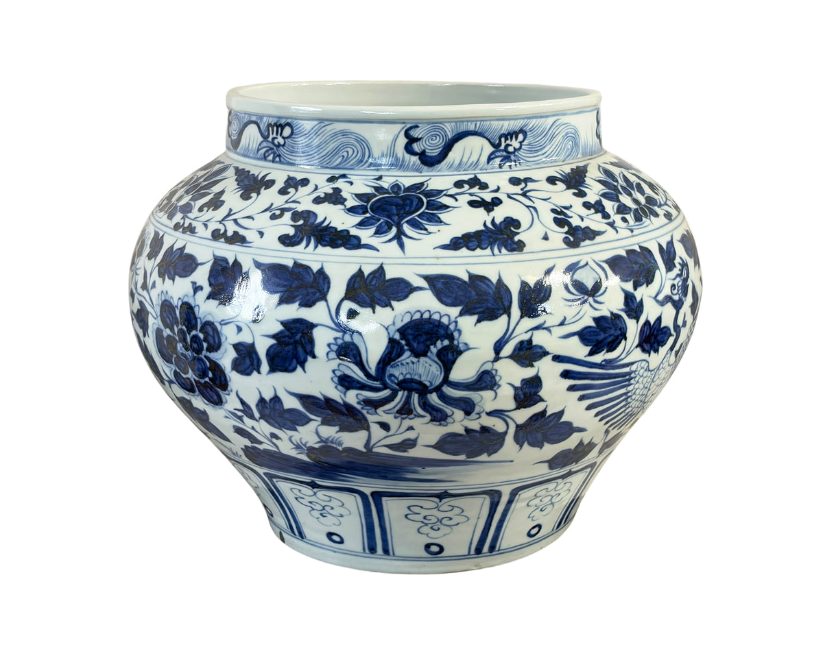 #3713 Vintage Ming Style Chinoiserie Blue and White Vase/Cachepot 11" H