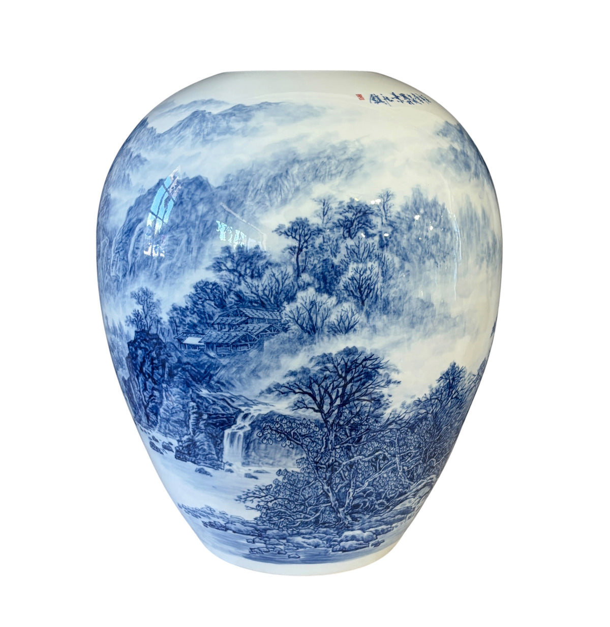 #6162 Vintage Chinoiserie Egg Shaped Blue and White Vase 16" H