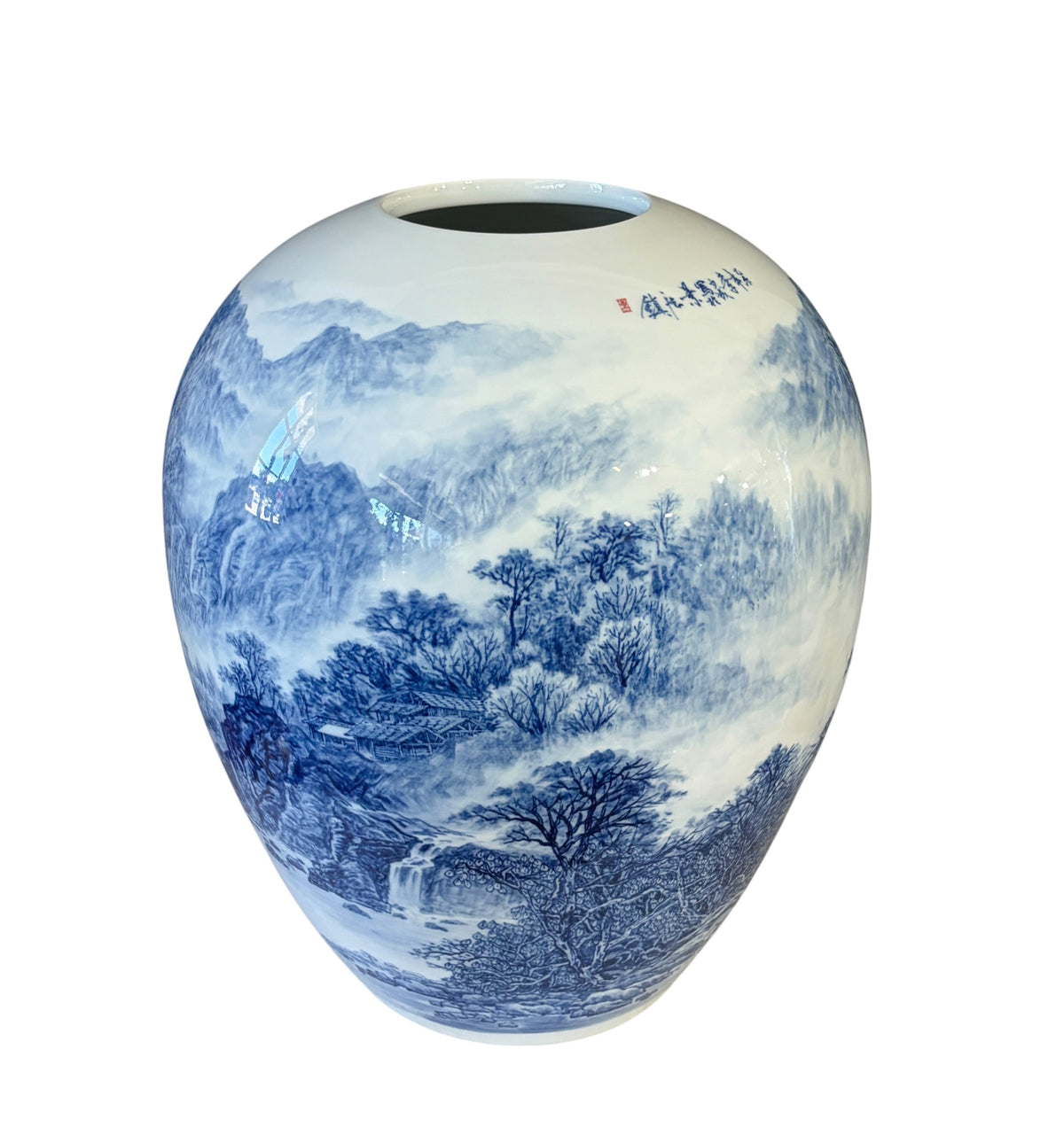 #6162 Vintage Chinoiserie Egg Shaped Blue and White Vase 16" H