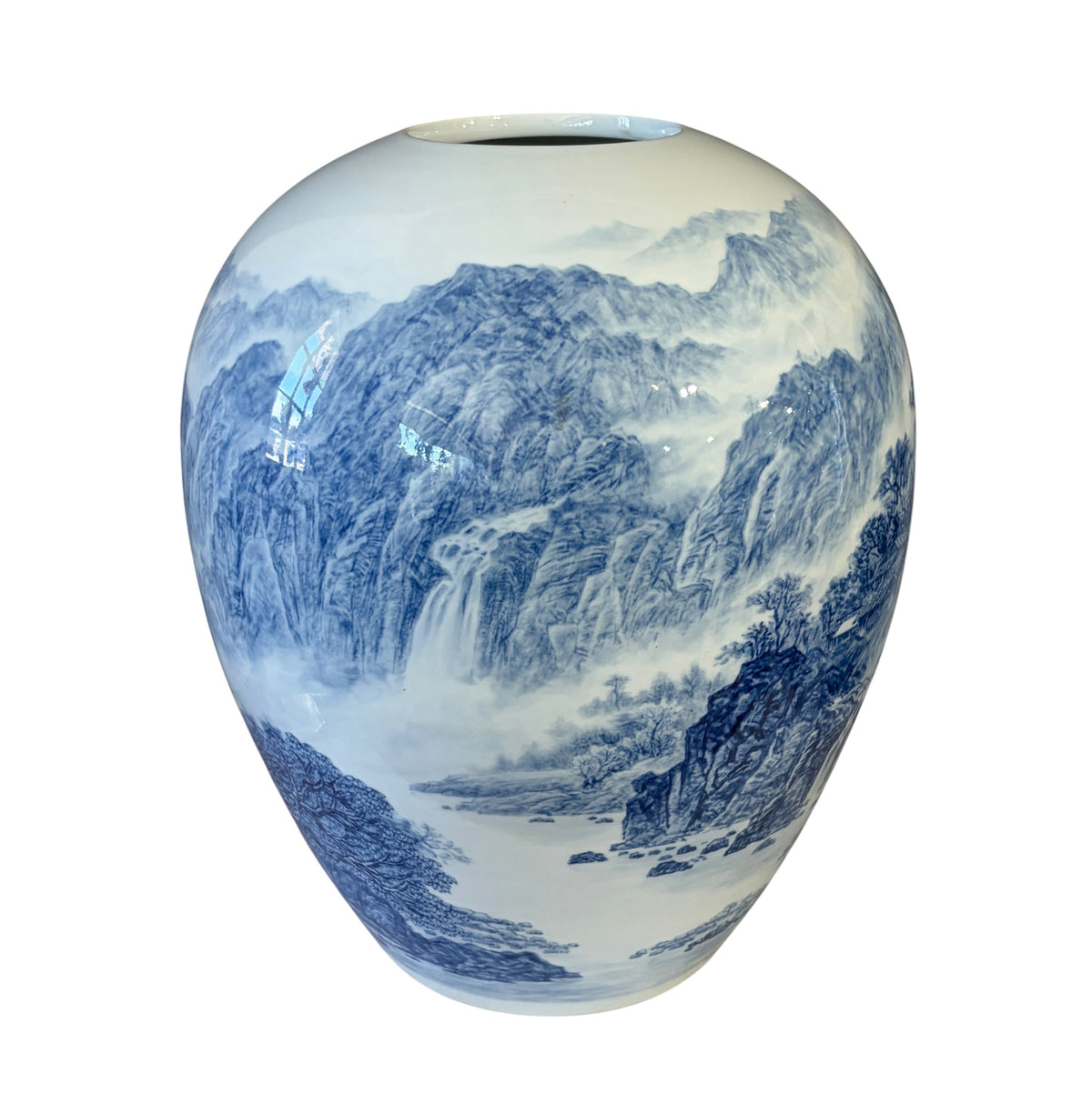 #6162 Vintage Chinoiserie Egg Shaped Blue and White Vase 16" H