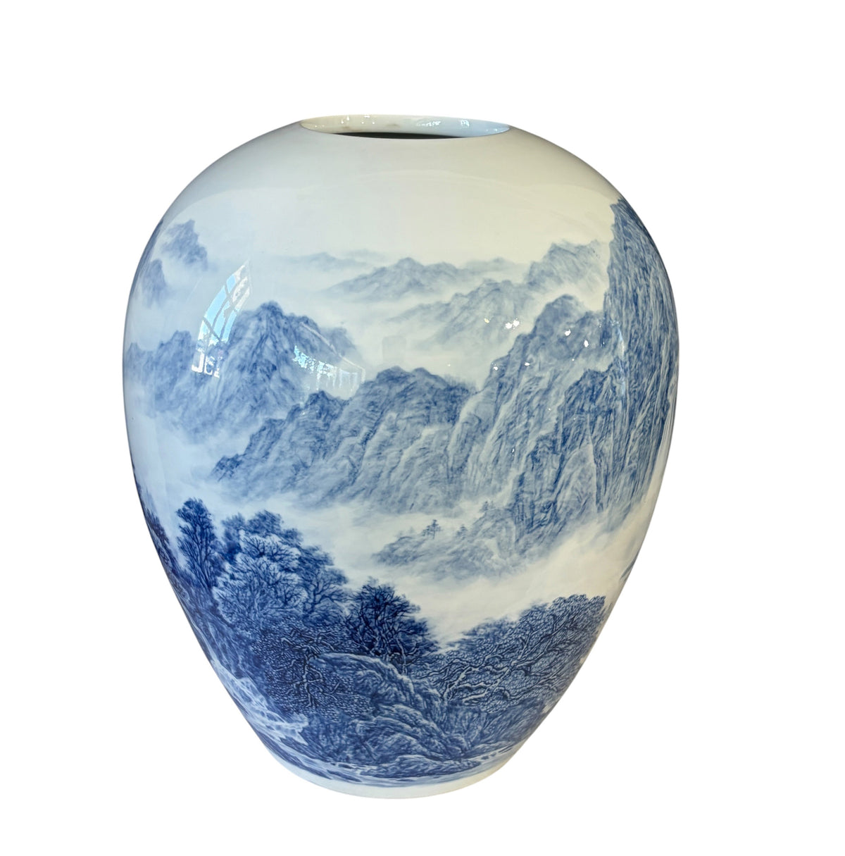 #6162 Vintage Chinoiserie Egg Shaped Blue and White Vase 16" H