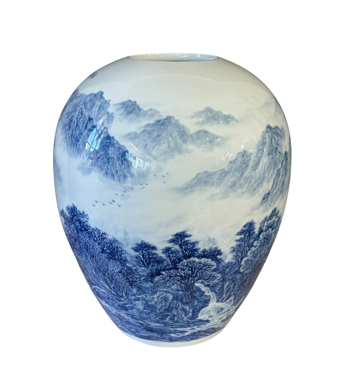 #6162 Vintage Chinoiserie Egg Shaped Blue and White Vase 16" H
