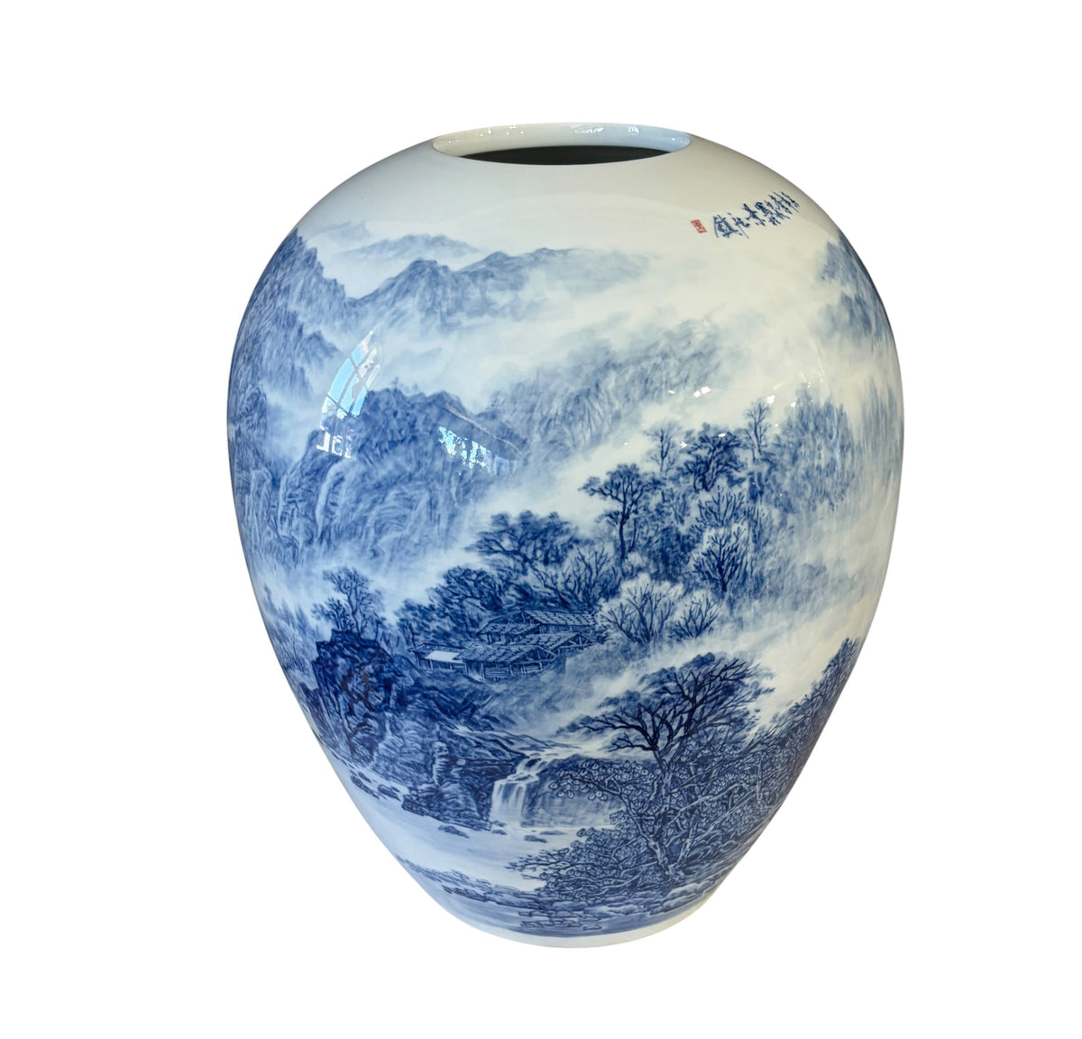 #6162 Vintage Chinoiserie Egg Shaped Blue and White Vase 16" H