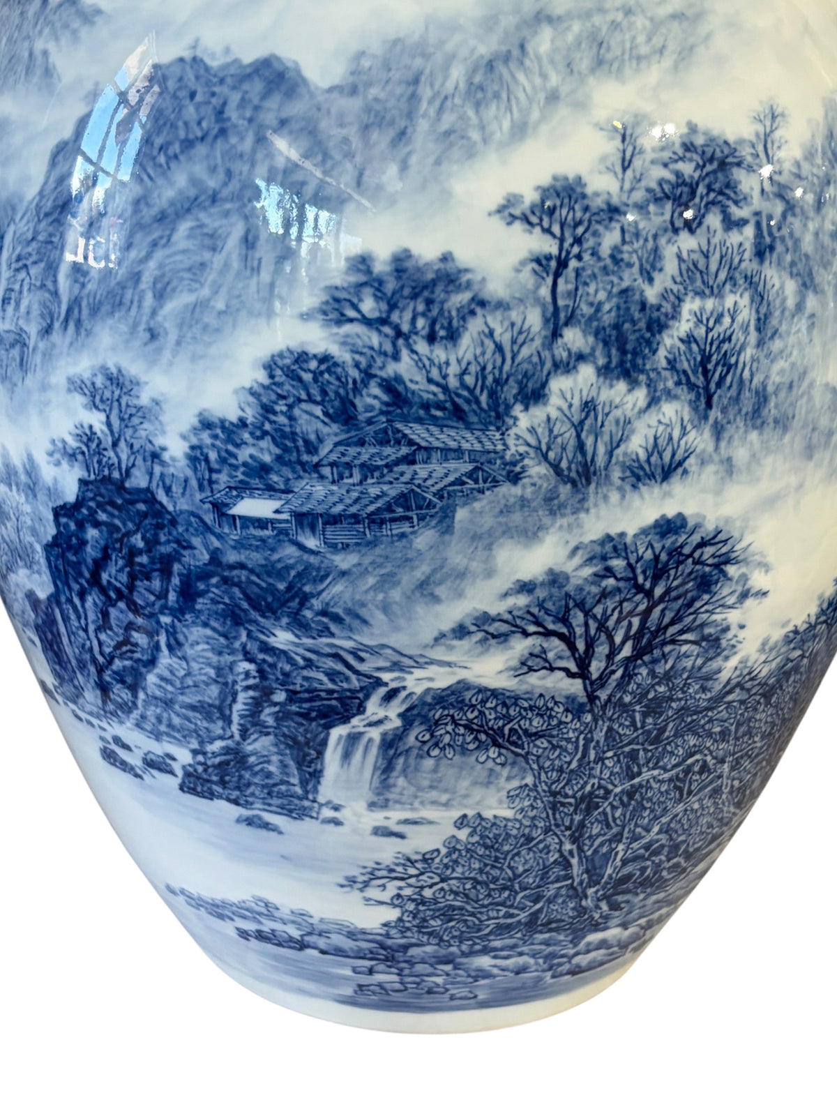 #6162 Vintage Chinoiserie Egg Shaped Blue and White Vase 16" H