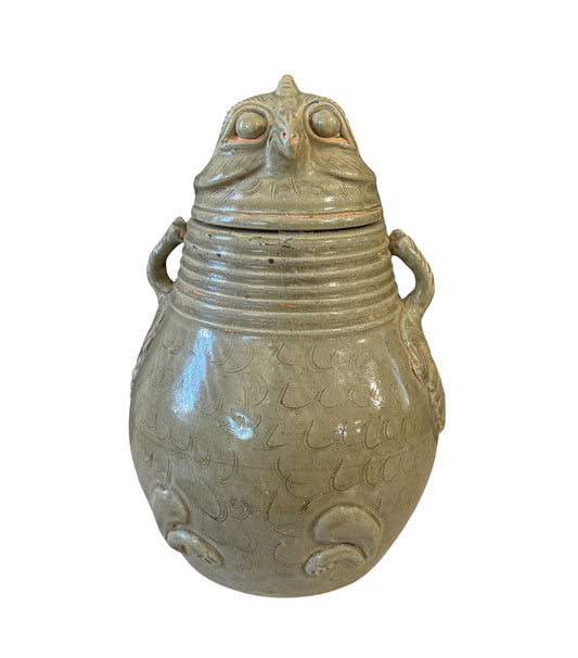 # 638 Vintage Chinoiserie Song Style Celadon-Glazed Ceramic Owl-Shaped Jar with a lid 11.5" H