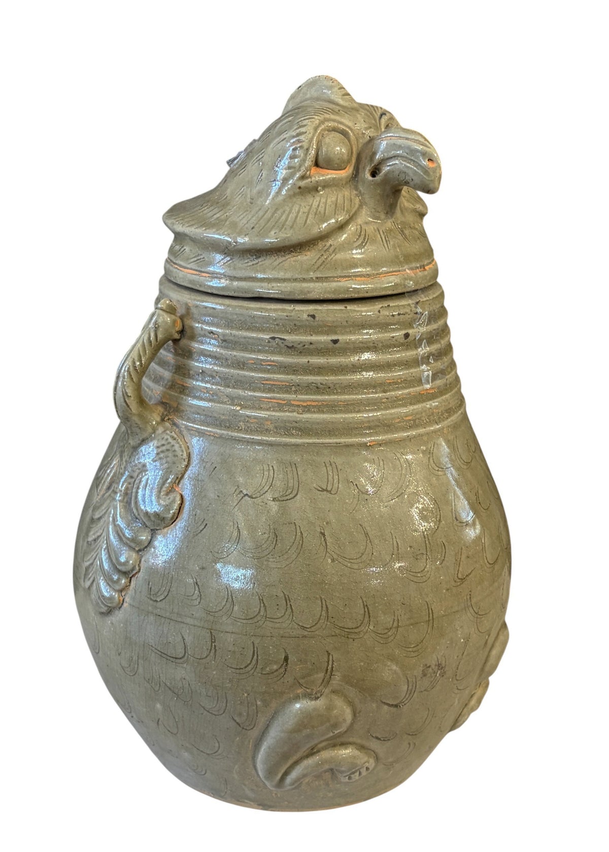 # 638 Vintage Chinoiserie Song Style Celadon-Glazed Ceramic Owl-Shaped Jar with a lid 11.5" H