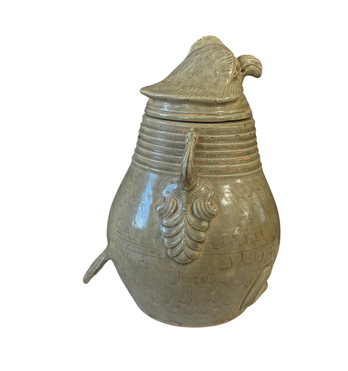 # 638 Vintage Chinoiserie Song Style Celadon-Glazed Ceramic Owl-Shaped Jar with a lid 11.5" H
