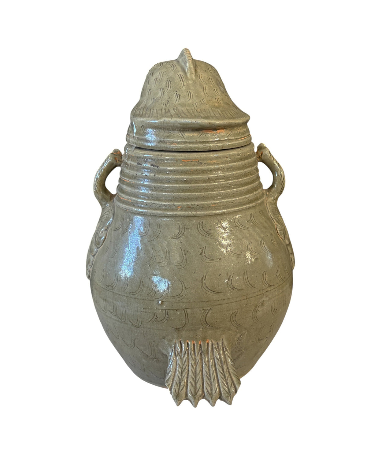 # 638 Vintage Chinoiserie Song Style Celadon-Glazed Ceramic Owl-Shaped Jar with a lid 11.5" H