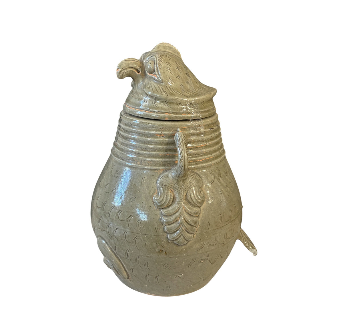 # 638 Vintage Chinoiserie Song Style Celadon-Glazed Ceramic Owl-Shaped Jar with a lid 11.5" H